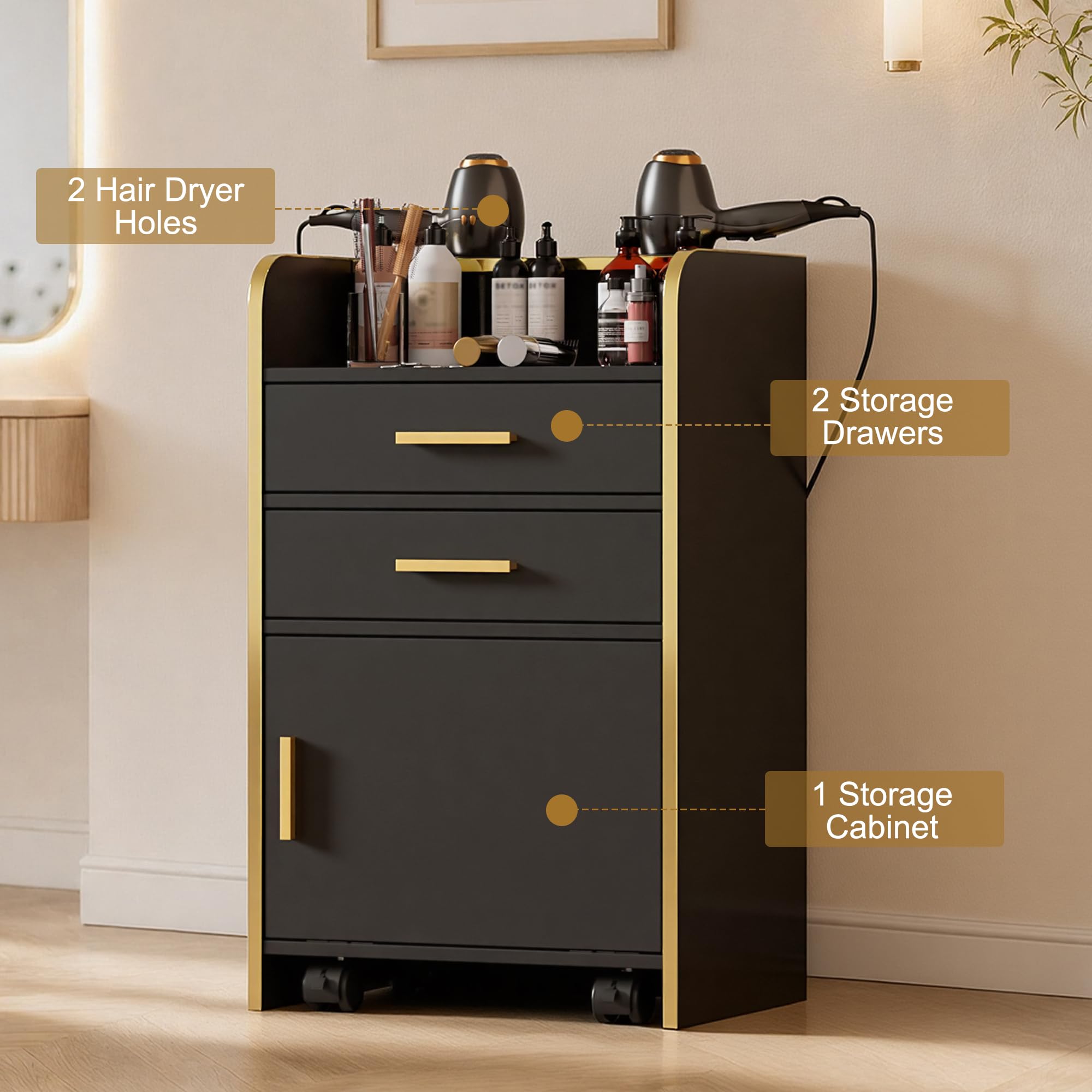 MSFE Carrello Estetista con Ruote,Carrello di Servizio in Legno con 2 Cassetti,1 Armadio e 2 Supporti Asciugacapelli,Barbiere Carrello da Lavoro per Stilista,Parrucchiere,Acconciatura SPA,45*35*80CM
