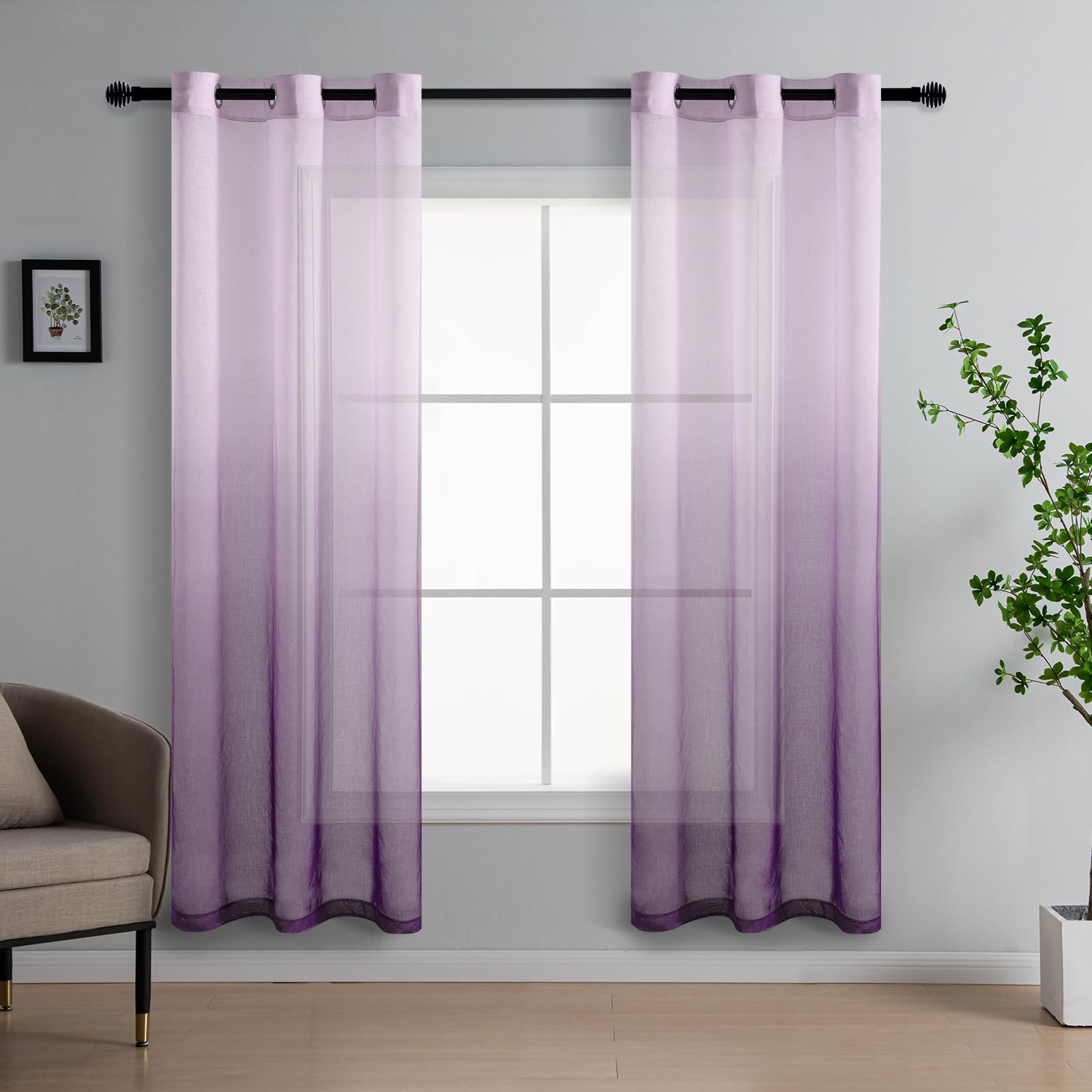 DWCN Voile Curtain Purple Gradient Curtains for Living Room Eyelet Net Curtains for Windows Sheer Curtains for Bedroom Set of 2