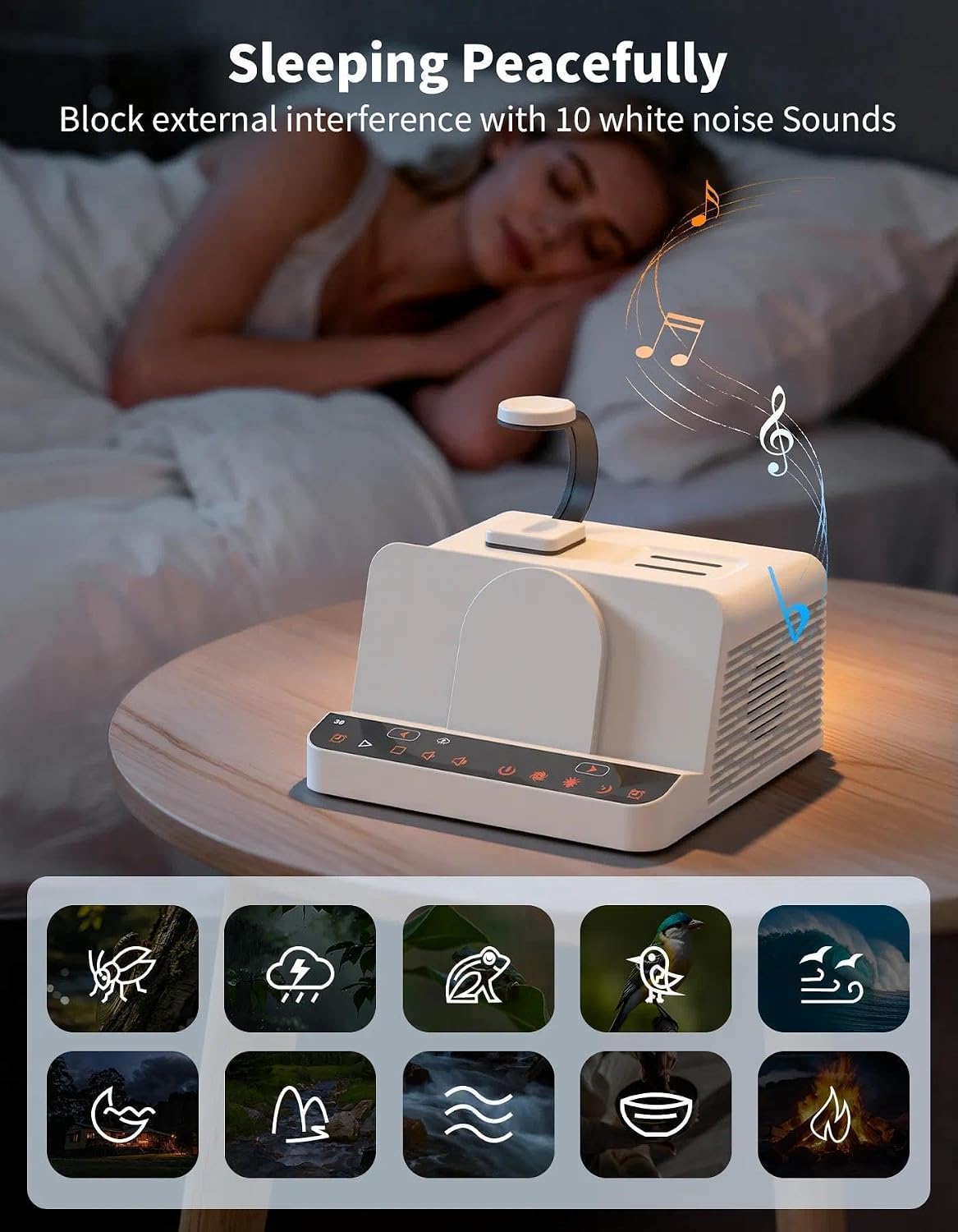 MYPLUS Bedside Sleep Sound Machine with 3-in-1 Wireless Charging Station, 7-Color Dimmer Night Light, 10 Soothing Sounds and Remote Control for Sleeping, Bedroom, Nursery