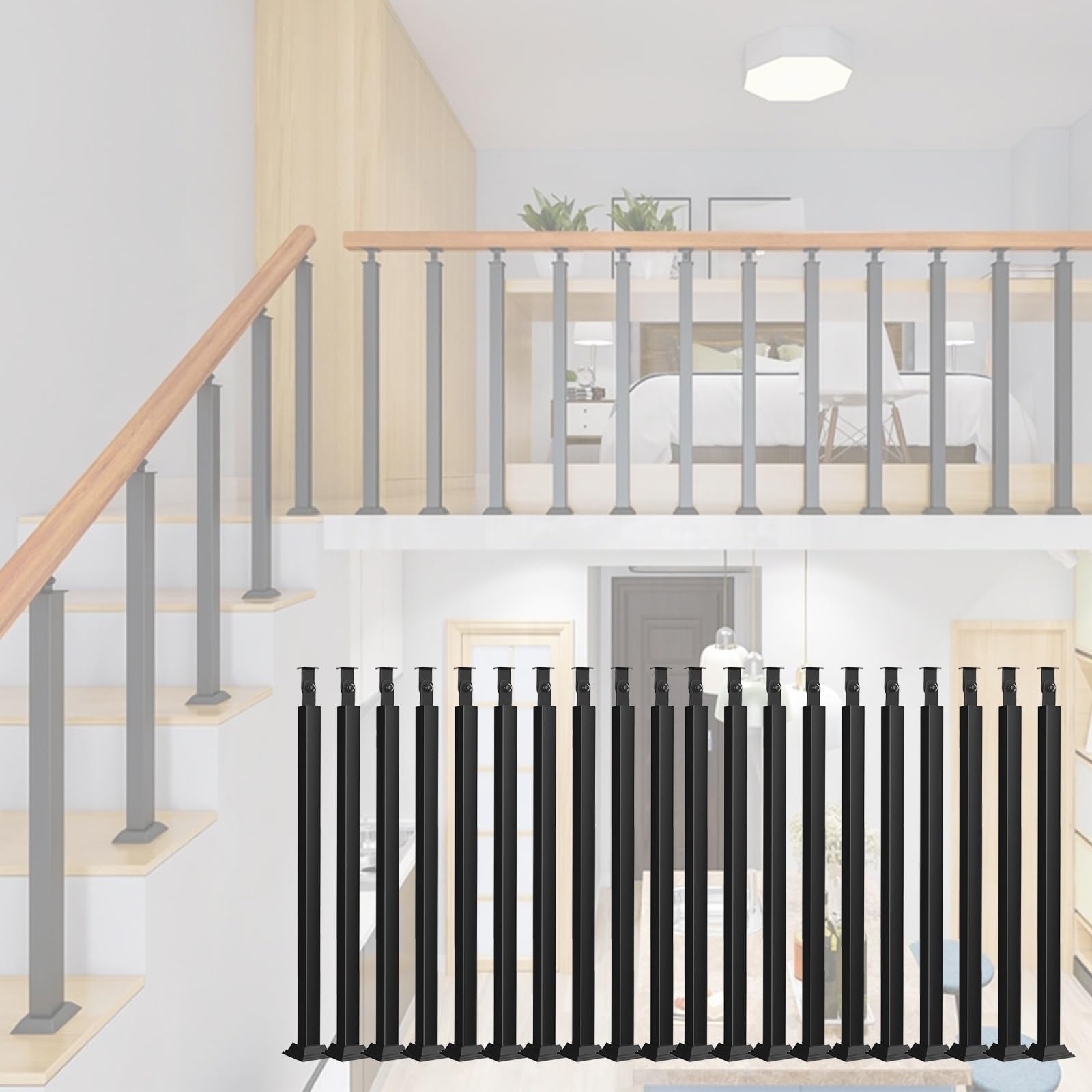 Generico 37,4 cala metalowa balustrada schodowa - 20 sztuk czarnych tralek z kutego żelaza na tarasy, ganki i schody - pusta konstrukcja do użytku wewnątrz i na zewnątrz, system tralek