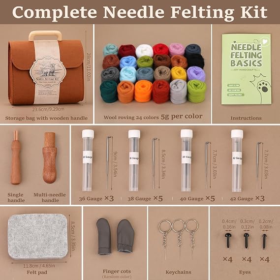 ZXIIXZ Needle Felting Kit, 24 Colors Felting Wool Kit with Felt Bag, Felting Needles, Pad, Felting Wool Bulk for DIY Needle Felting Beginner with Step by Step Instructions