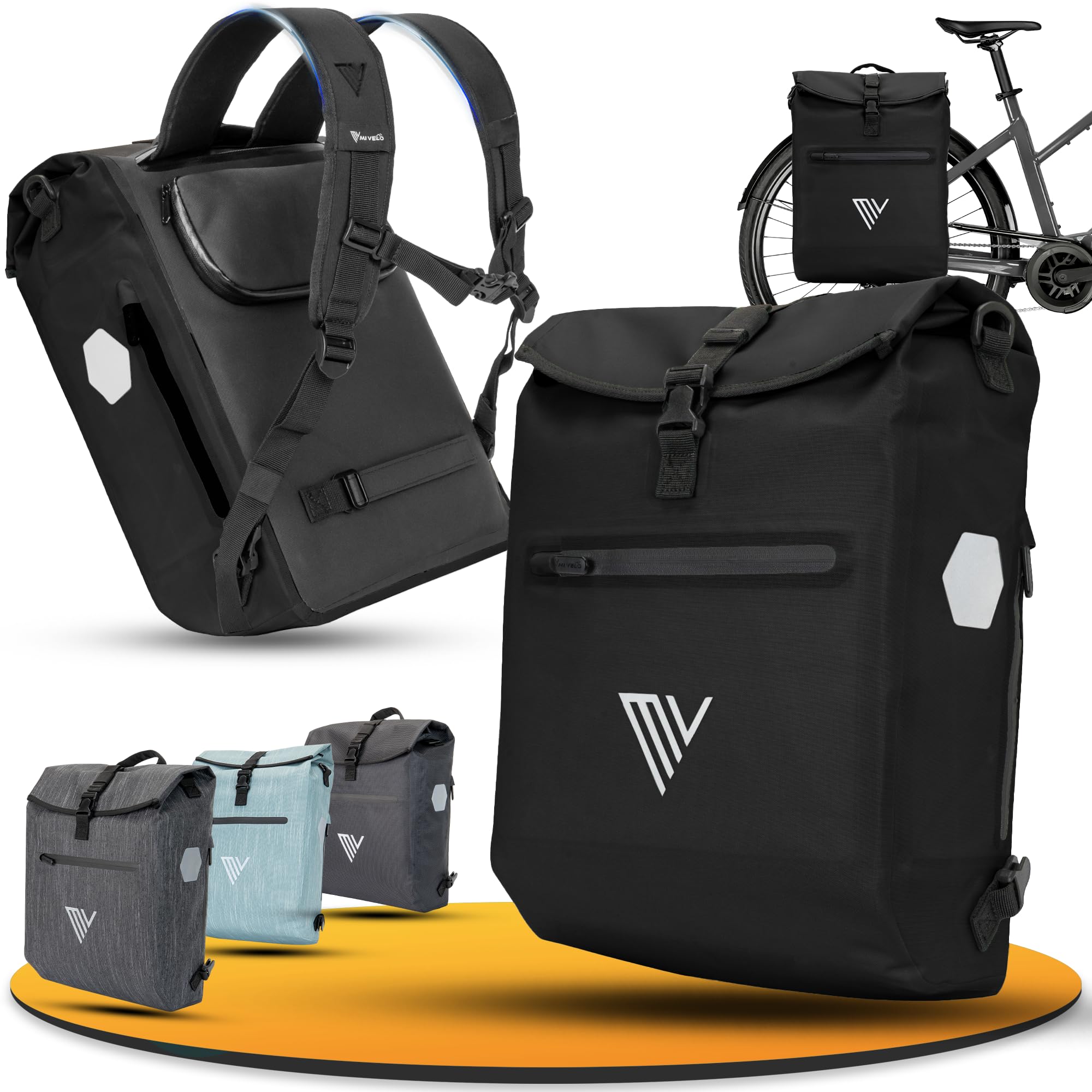 MIVELO 3in1 Fahrradtasche für Gepäckträger - Fahrrad Tasche Rucksack mit gepolstertem Laptopfach - Gepäckträgertasche hinten 100% wasserdicht mit Reflektoren (Schwarz, 20 Liter)