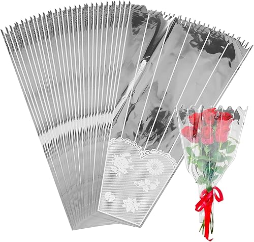 KEILEOHO 300 fundas para ramo de flores, bolsas de plástico para envolver flores, fundas transparentes para ramo de flores con tiras, bolsas de