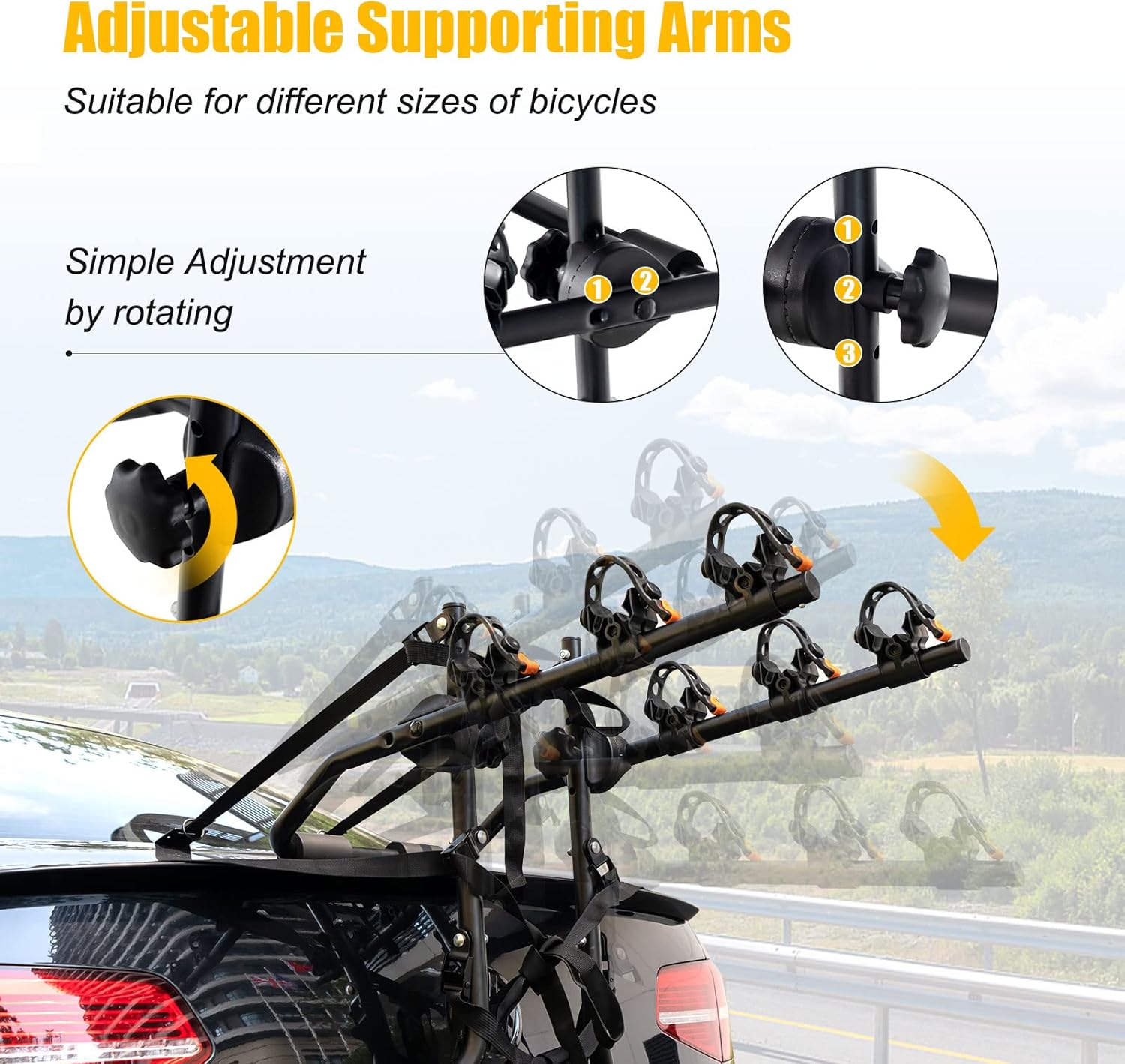 GYMAX Bike Rack, Trunk Mounted 3 Hitch Rack with 2”Receiver & Double Safety Guarantee, Folding Heavy Duty Adjustable Bicycle for Cars, Trucks, SUV's and Minivans Black