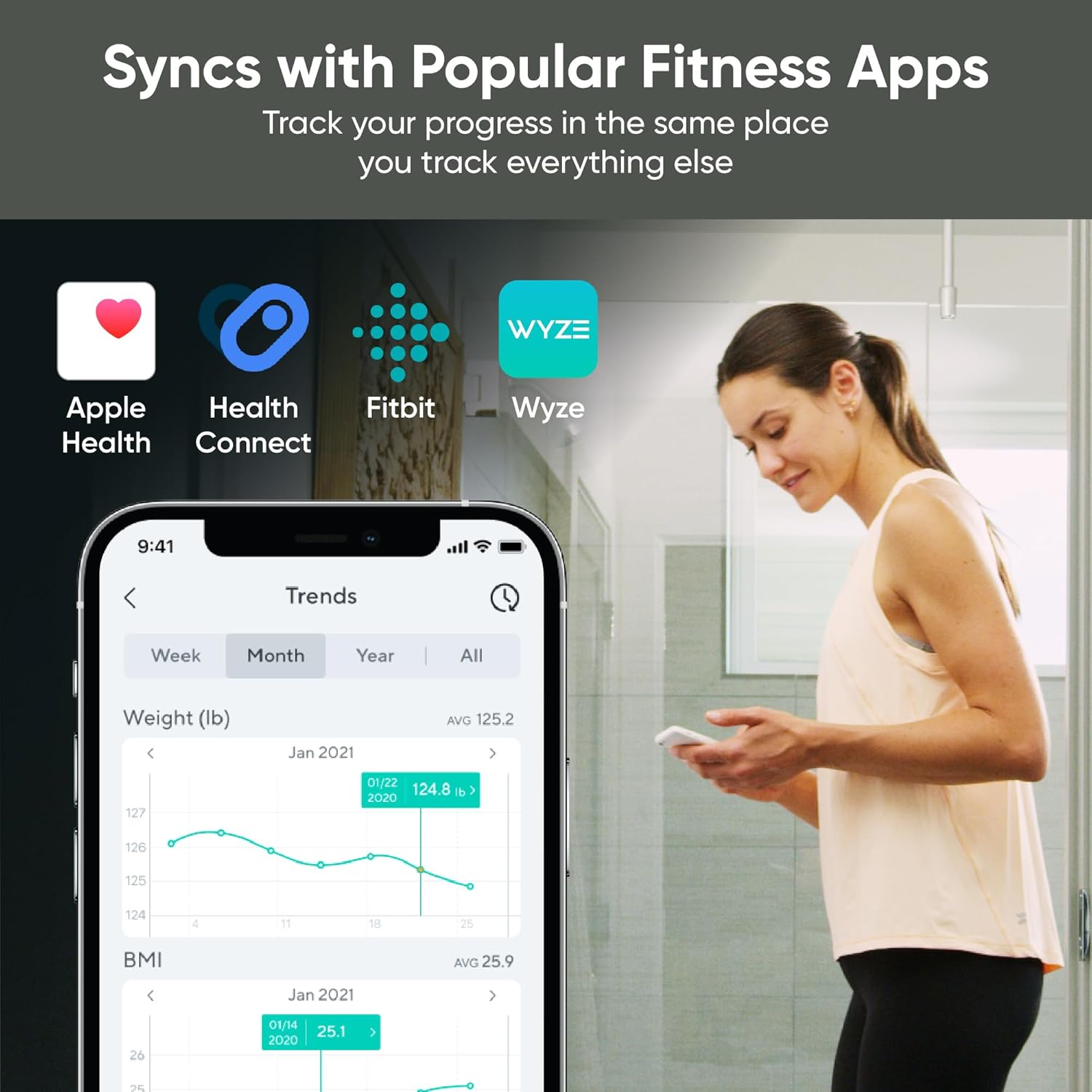 Wyze Scale S, Scale for Body Weight, Digital Bathroom Scale for Body Fat, BMI, Muscle, Heart Rate, Body Composition Analyzer with App, Batteries Included, Bluetooth, 400 lb, Black