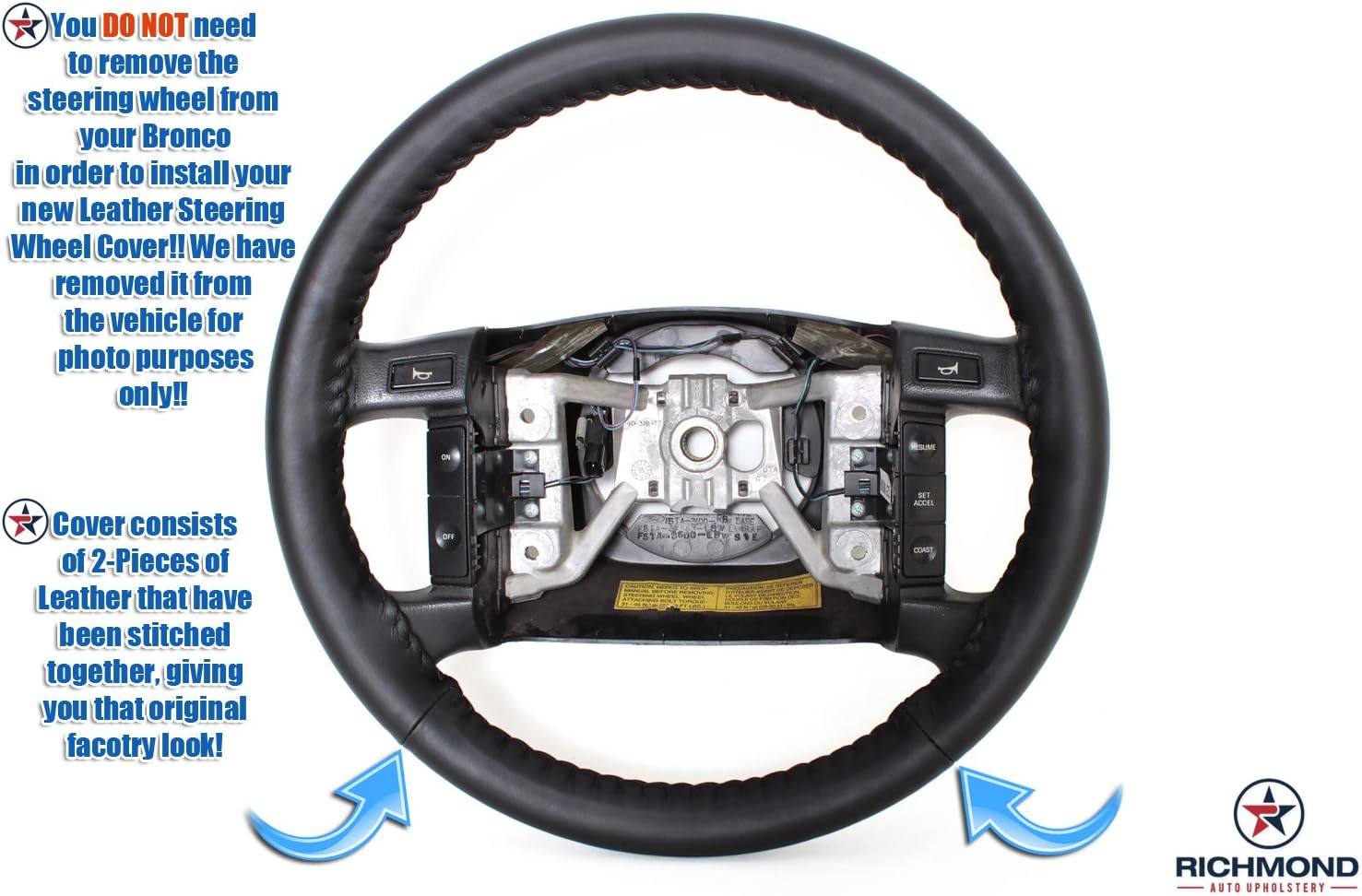 Richmond Auto Upholstery - Leather Steering Wheel Cover, Black (Compatible with 1994 Ford Bronco XLT)