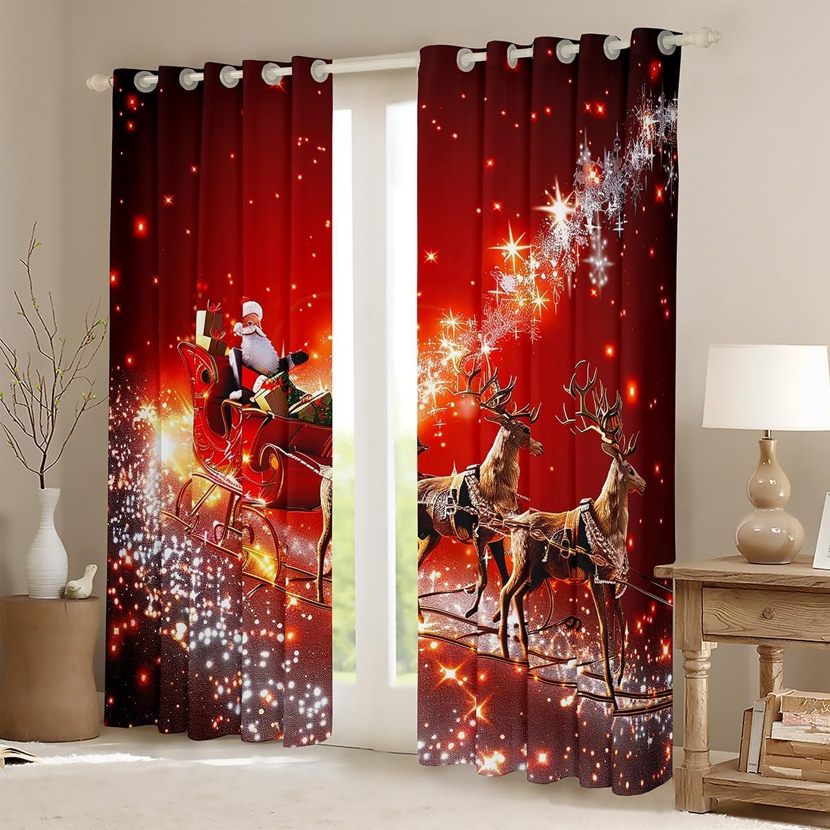 Santa Claus Window Curtains,Sled Car Curtain,Merry Christmas Window Drapes for Kid Teens Boys Young Man,Modern Bedroom Decorative,Red New Year Curtain,104Wx63L