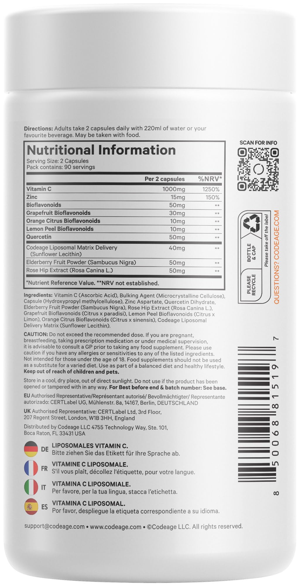 Codeage Liposomales Vitamin C Mit Zink, Holunder, Zitrus-Bioflavonoid-Komplex Grapefruit, Zitrone, Orange, Quercetin Und Hagebutten Vegan, Gentechnikfrei Hochdosierte Tagesergänzung 180 Kapseln