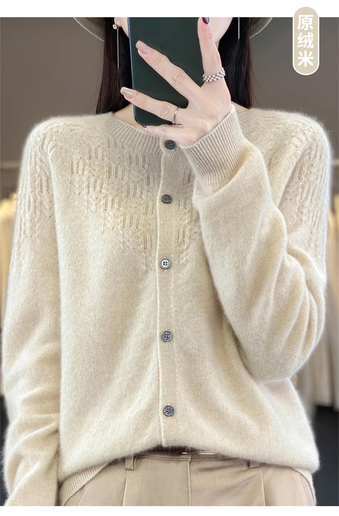 Cardigan da donna in lana merino, a maniche lunghe, traforato, senza cuciture, in cashmere, lavorato a maglia
