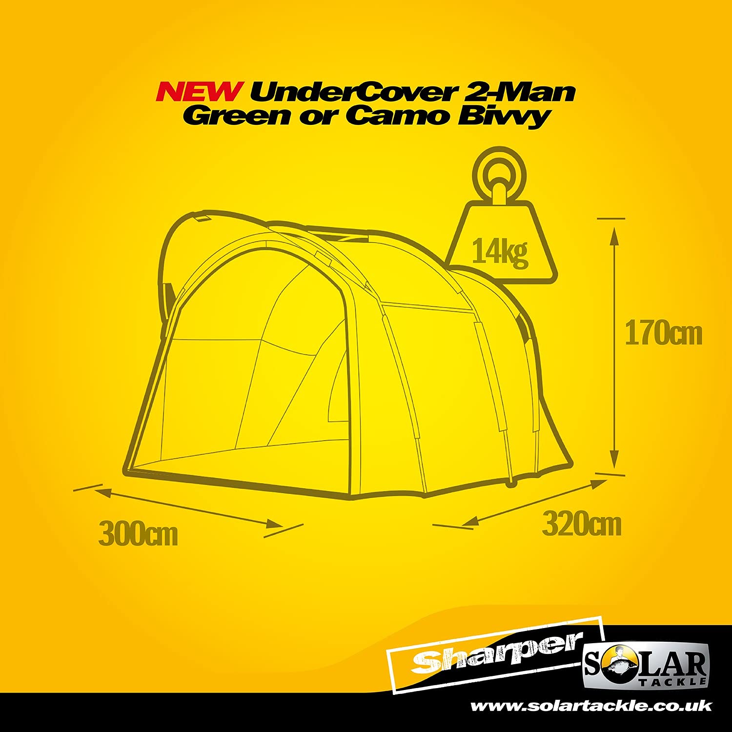 Solar Tackle Undercover - Refugio Exterior Bivvy para 2 Personas, Resistente al Agua, Malla mosquitera, Flujo de Aire, Paneles Traseros enrollados, Incluye Bolsillos Interiores, Lona Resistente para