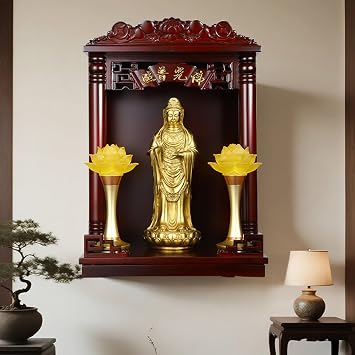 Wall-mounted /Desktop Solid wood Buddha altar,household altar shrine God of Wealth cabinet Guanyin incense table display rackC,46*30*67CM/18.1*11.8*26.3IN