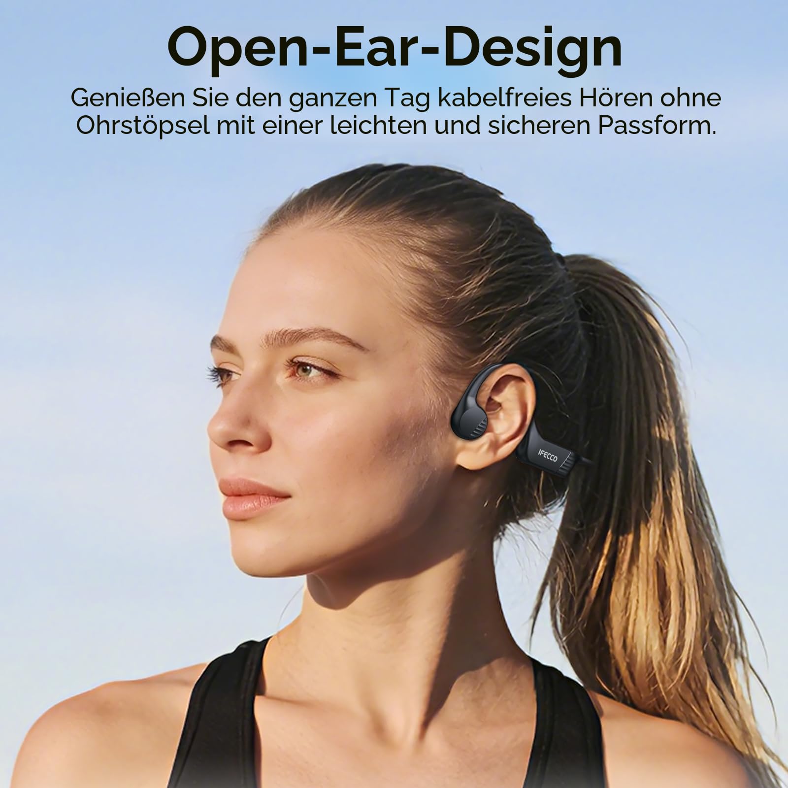 IFECCO Knochenschall Kopfhörer Bluetooth 6.0, Open Ear Kopfhörer Kabellos IP67 wasserdichte Schweißfeste Bone Conduction Headphones, Sportkopfhörer für Fitness Radfahren Läufer Fahrrad