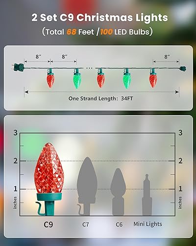 Miniatura 3 de SURAIELEC Tira de luces LED C9 de Navidad para exteriores, 68 pies, 100 LED, extensible, decorativa, interior y exterior, para casa, árboles,