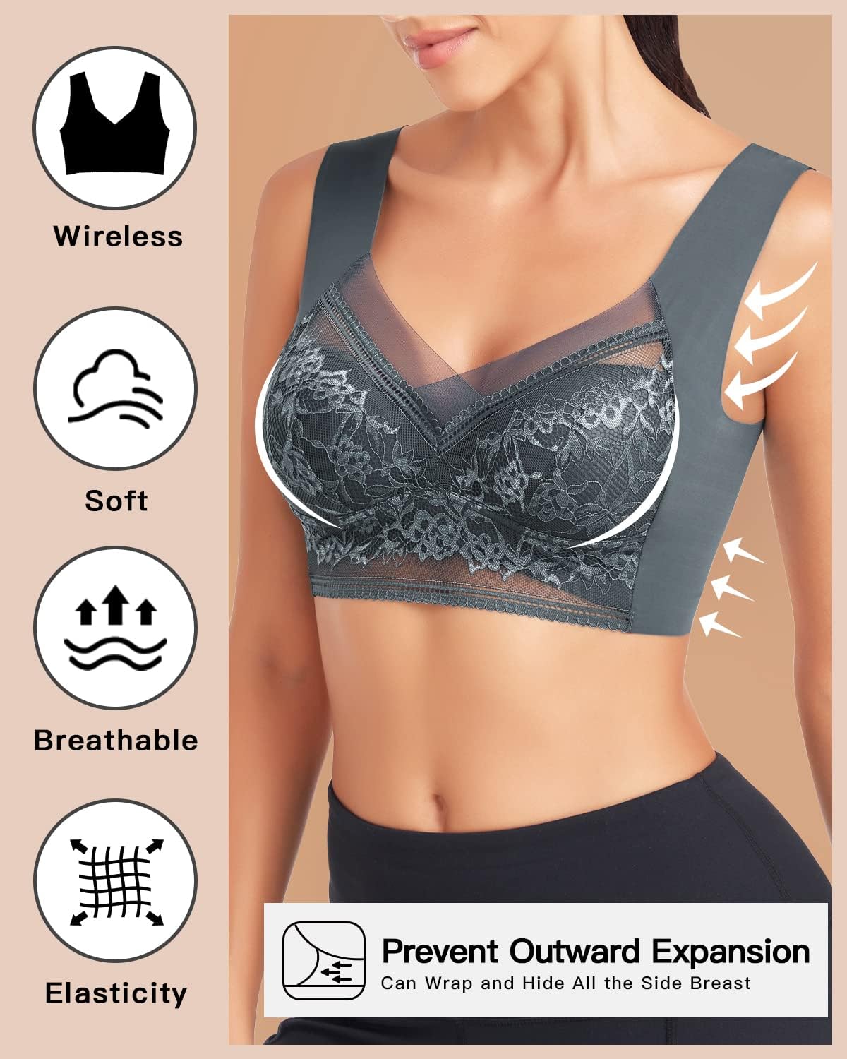 WOWENY Seamless Lace Bras for Women Wirefree Comfortable Mesh Padded Soft Back Smoothing Bra - Image 4