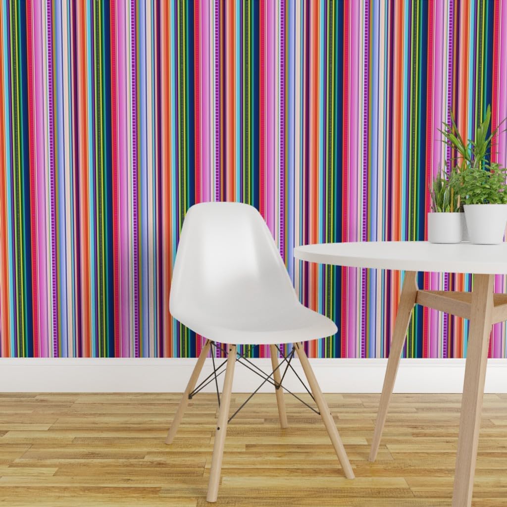 Removable Wallpaper 12ft x 2ft - Multicolor Mexican Inspired Stripe Smaller Scale Cinco Mexico Small Colorful Stripes Rainbow Modern Custom Pre-Pasted Wallpaper by Spoonflower