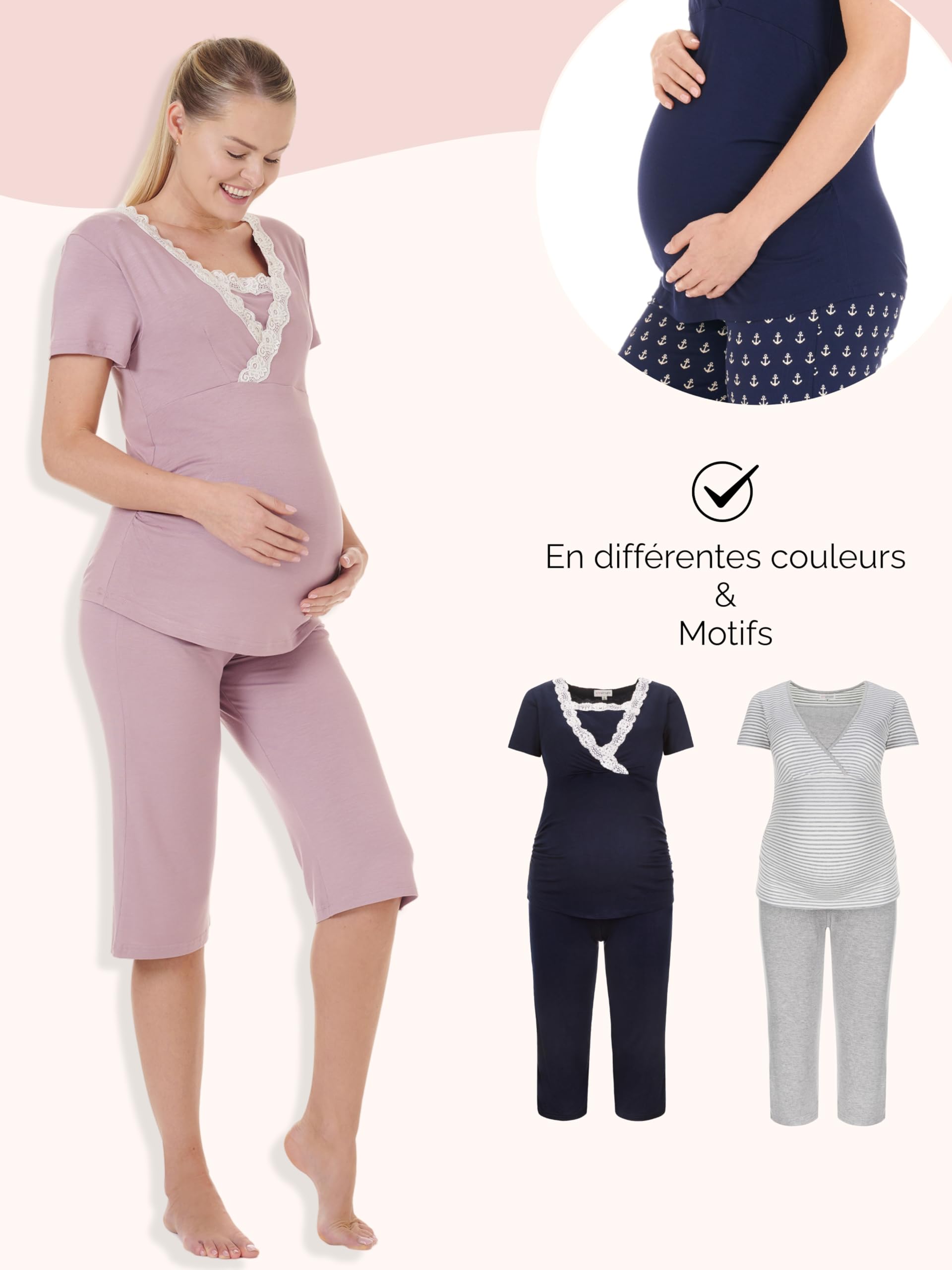 Herzmutter Pyjama Grossesse - Pyjama Maternité Allaitement - Vêtement de Nuit - pour Femme Enceinte - Pyjama Ensemble Maternité - Pantalon midi - Manches Courtes - 2900_2600_2500