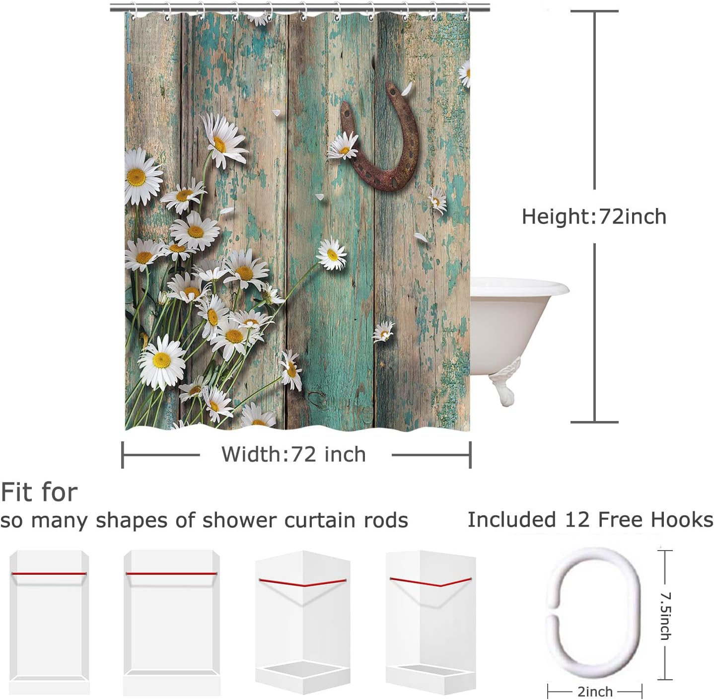 RosieLily Rustic Shower Curtain, Farmhouse Country American Western Style Horse Daisy in Teal Brown Barnwood, 72Wx72H in Shower Curtain with 12 Hooks Retro Bath Decor