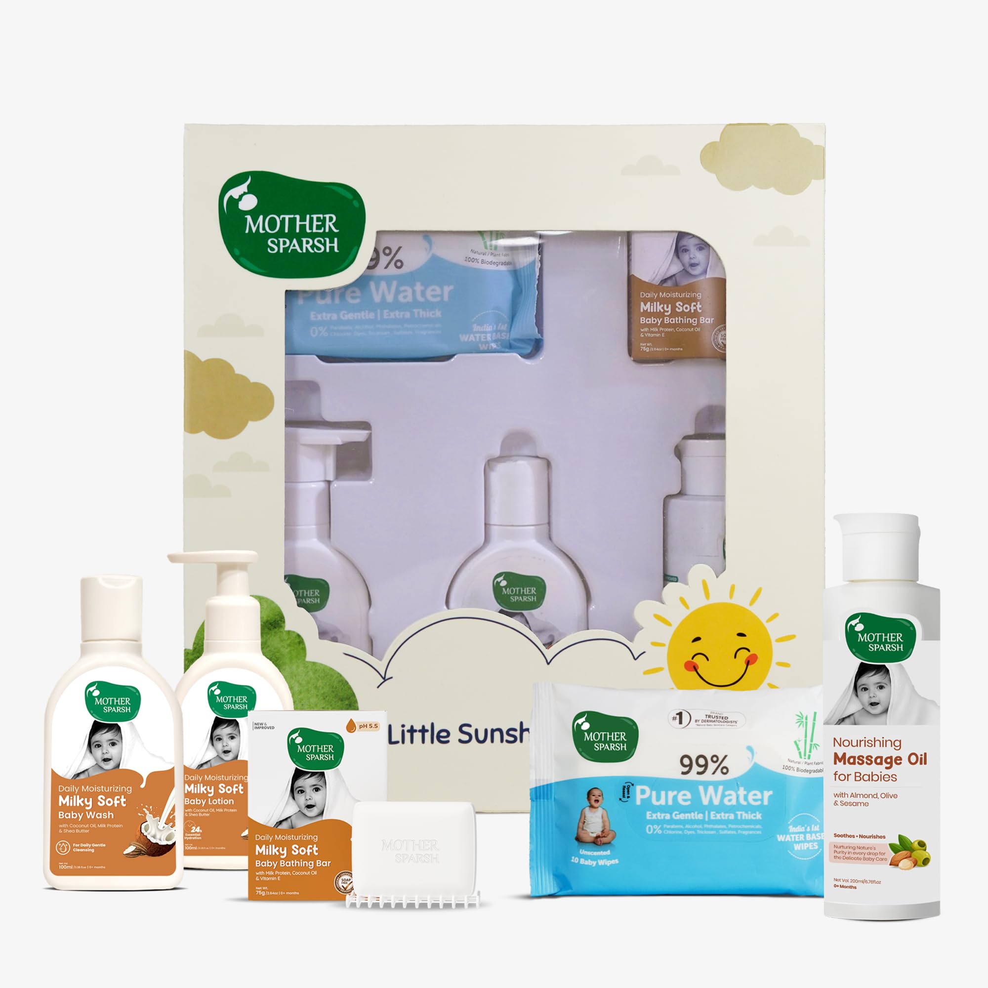 Mother Sparsh Gift Set For Babies | Combo Pack of 5 Baby Skin Care Essentials | Includes Baby Wipes, Baby Lotion, Baby Wash, Baby Bathing Bar & Baby Massage Oil