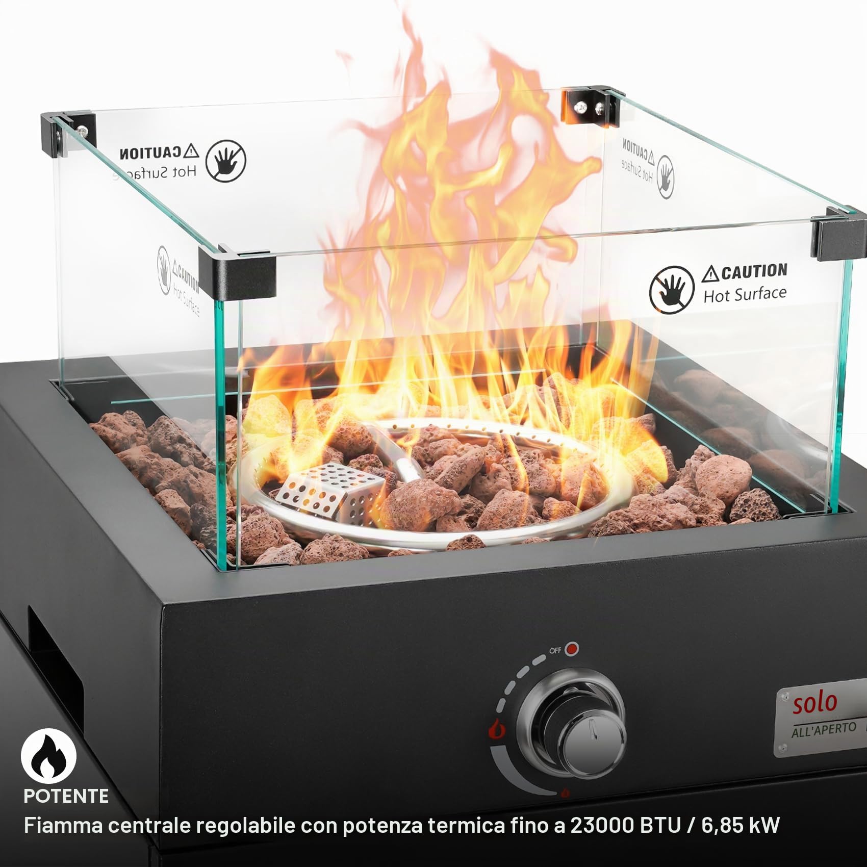 Onlyfire 23000BTU - Braciere a gas per esterni, con protezione dal vento, ruote e pietre laviche, camino da terrazza con accensione elettronica, per giardino e balcone