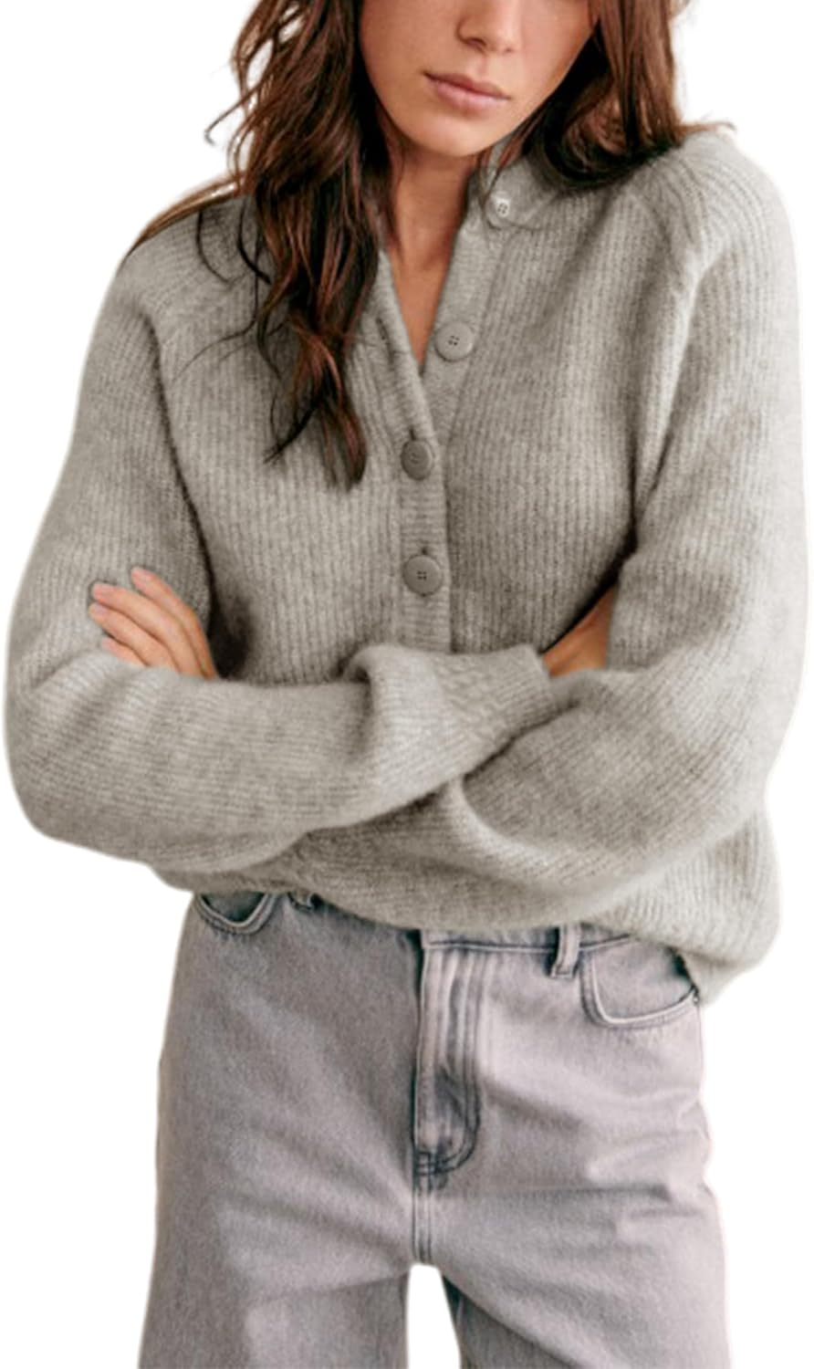 Bianstore Womens Casual Long Sleeve Crewneck Button Down Cardigan Chunky Knit Open Front Sweater Tops