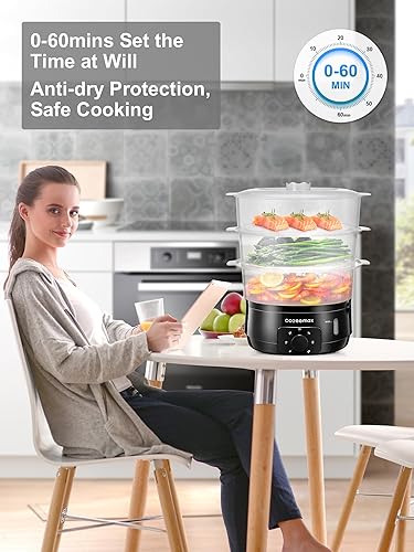Miniatura 7 de Vaporizador eléctrico de alimentos de 13.7 cuartos de galón para cocinar, vaporizador de verduras con 3 niveles sin BPA, cocción simultánea rápida