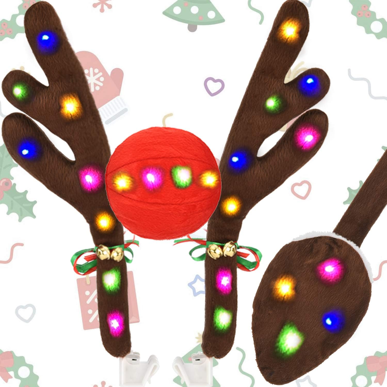 Kooboe Christmas Reindeer Antlers Car Decoration Kit with LED Lights, Vehicle Christmas Car Kit with Jingle Bells Rudolph Reindeer and Nose, Tail for The Trunk, Decoration Kit Best for Any Vehicle