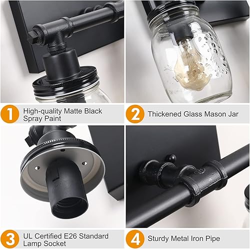 Miniatura 2 de Lámpara de tocador negra para baño, 2 luces de tarro de masón, lámpara de tocador industrial vintage, lámpara de pared de tubería de cocina, lámpara