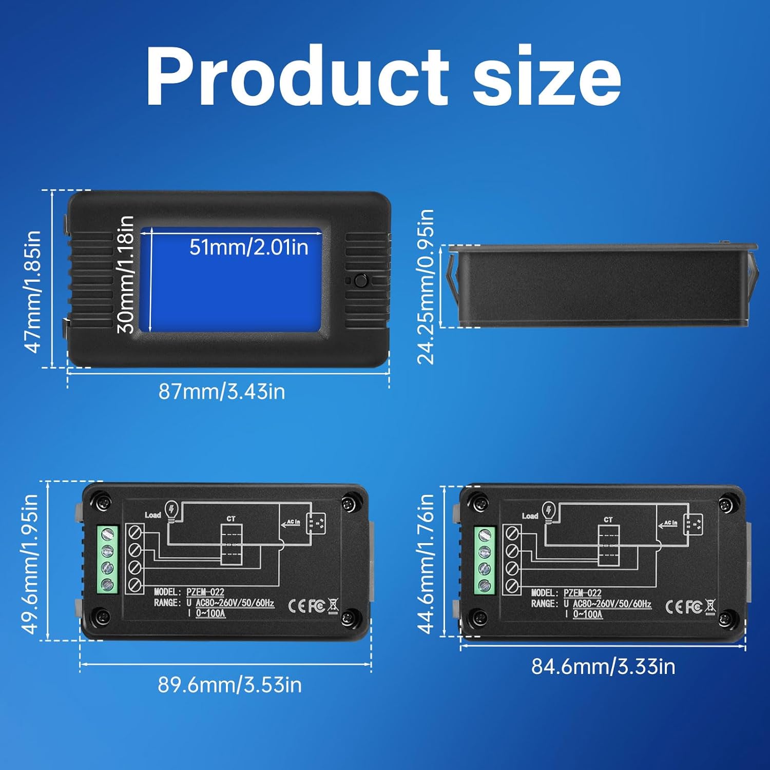 Power Meter 80-260V AC Current Voltage Multimeter PZEM-022 Ammeter Voltmeter LCD Digital Display with 100A CT Split Core Current Transformer Multi-Function Meter