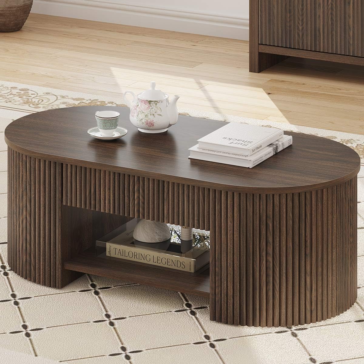 Condition photo showing New/Like New for fatorri coffee table with storage, mid century modern wood fluted center table with shelf, oval coffee tables with drawer (dark walnut, 43.31 inch)