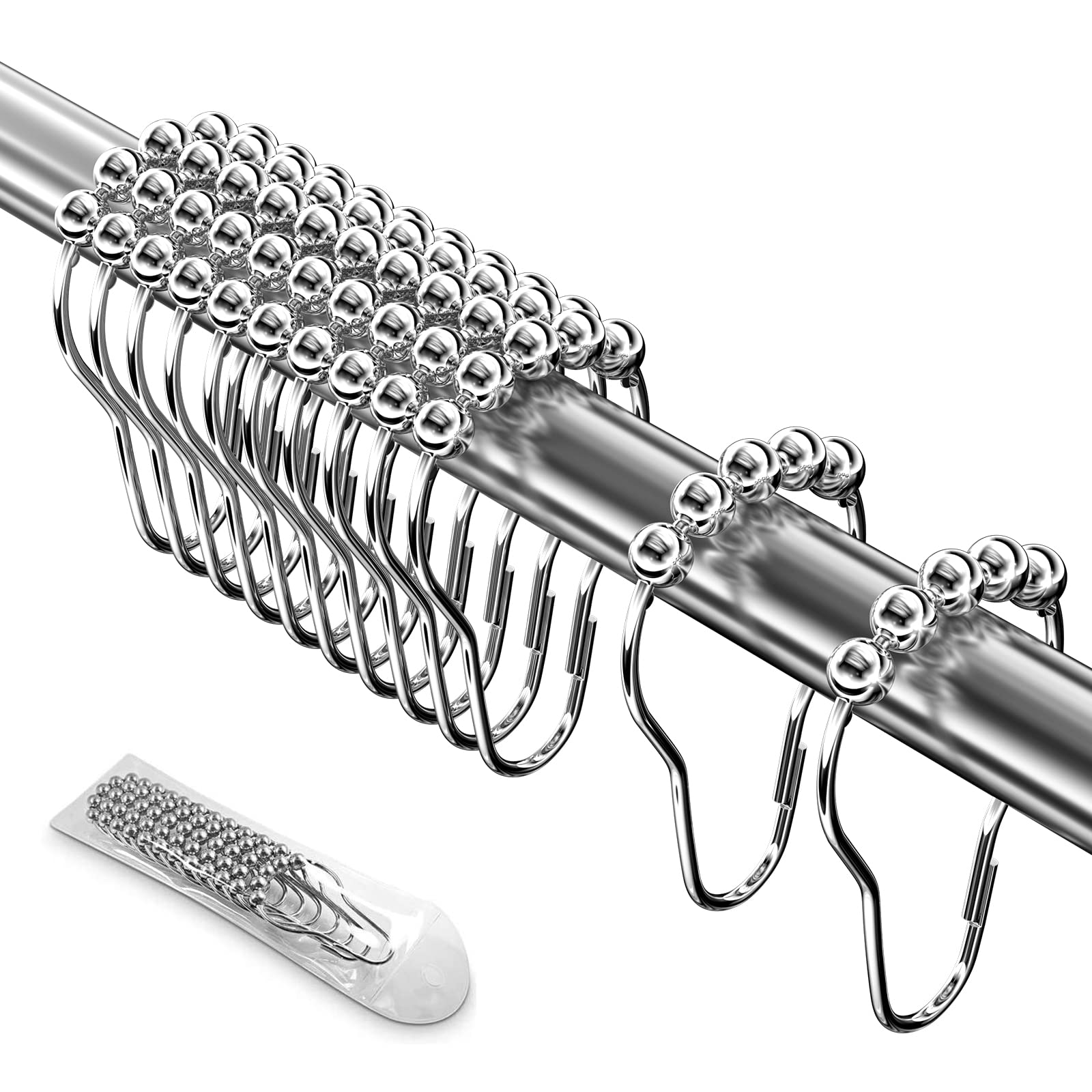 12 Anelli Per Tenda Doccia In Acciaio Inox Con Rulli Scorrevoli: Ganci Metallo 7,4x4,2 Cm Per Aste Fino A 4 Cm