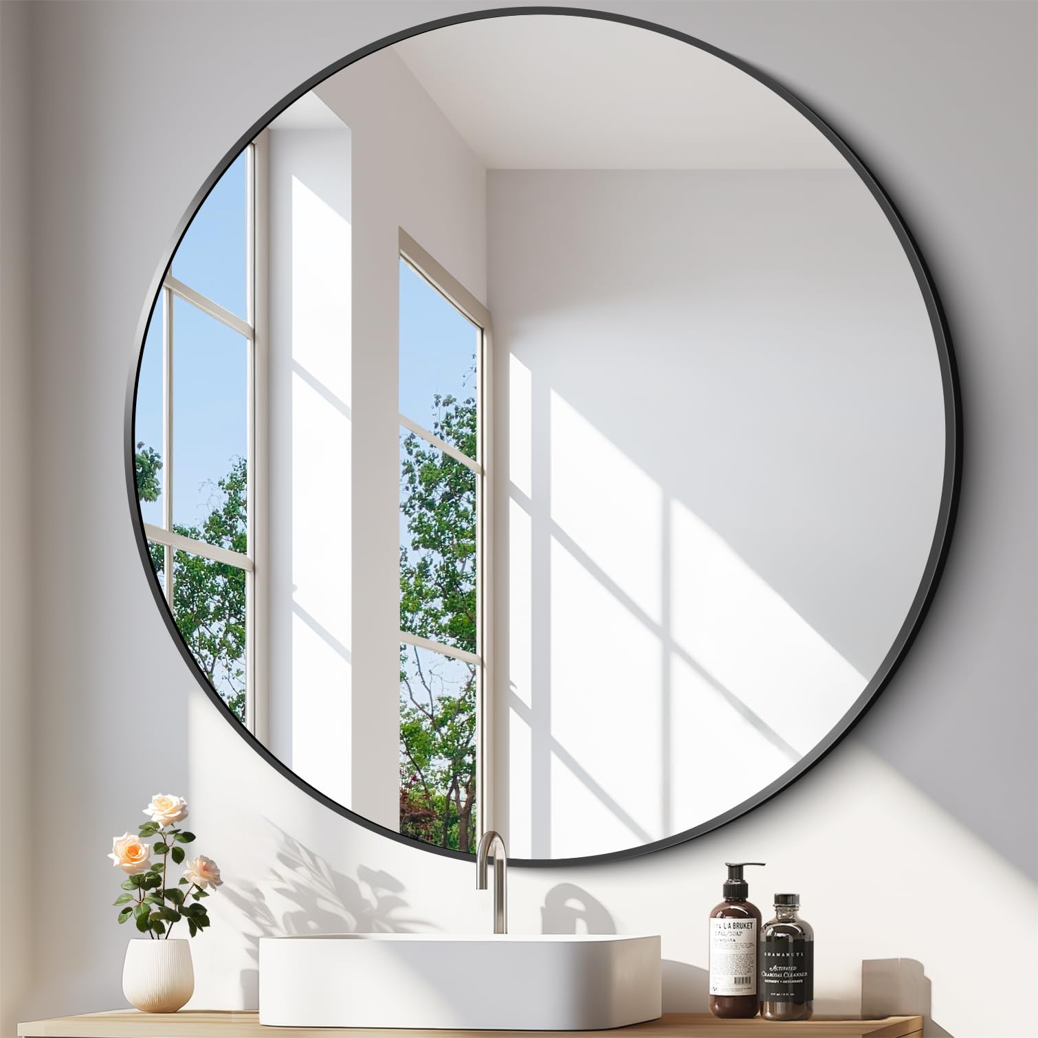 Black Round Mirror 42 inch Large Circle Mirror, Aluminum Alloy Metal Frame Bathroom Mirror, Round Wall Mirror, Circle Mirrors for Wall Entryway Bedroom Living Room