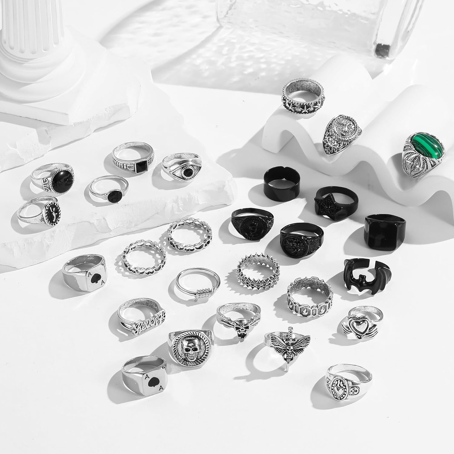 27 Pcs Vintage Silver Punk Rings for Men Cool Gothic Chunky Rings Set Men's Signet Skull Snake Bat Statement Knuckle Rings - Image 2