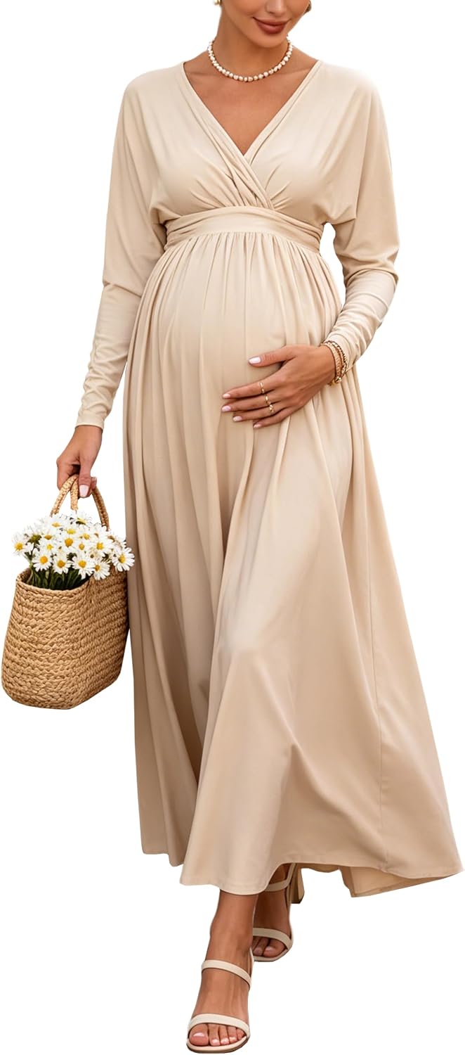 Maternity Maxi Wrap V Neck Long Sleeve Back Tie Dress for Wedding Guest Bridesmaid