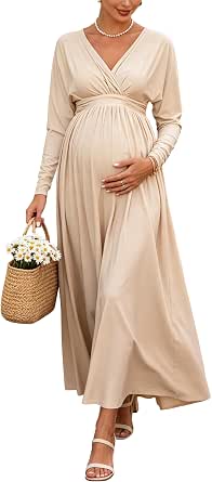 Maternity Long Sleeve V-Neck Maxi Dress with Tie Waist