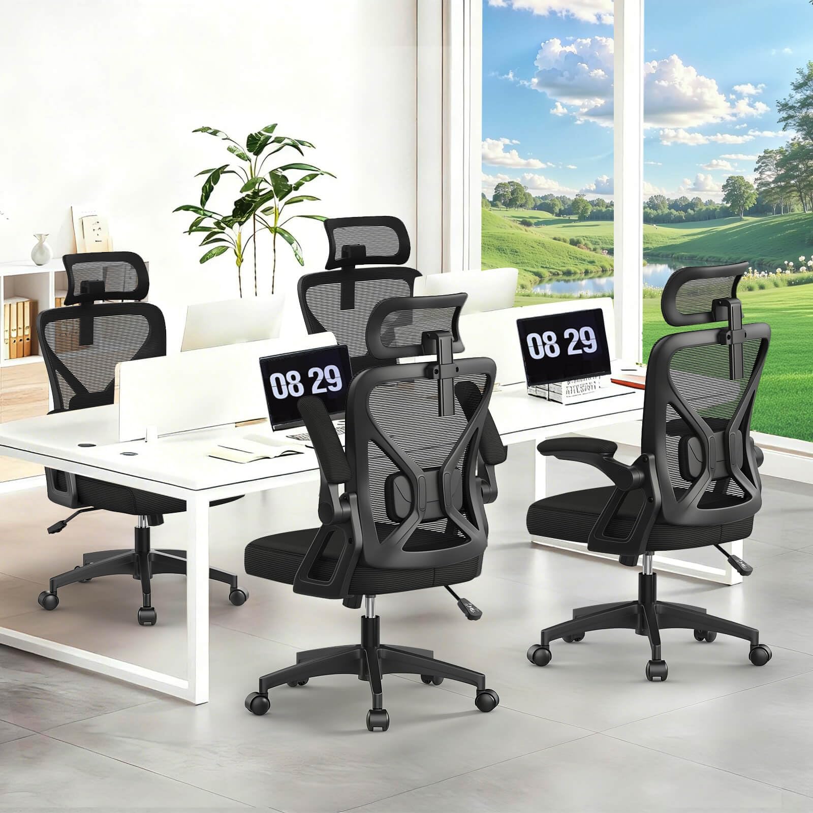 Bürostuhl, ergonomischer Schreibtischstuhl mit gepolsterter Lendenwirbelstütze und hochklappbaren Armlehnen – Computerstuhl mit hoher Rückenlehne, verstellbarer Kopfstütze und bequemem Sitzkissen zum