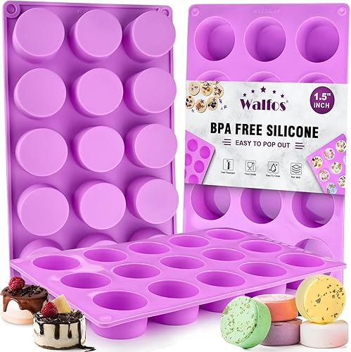 Walfos Paquete de 3 moldes de jabón pequeños, 15 moldes de silicona redondos de cavidad, moldes de silicona cilíndrica de 1.5 pulgadas, perfectos