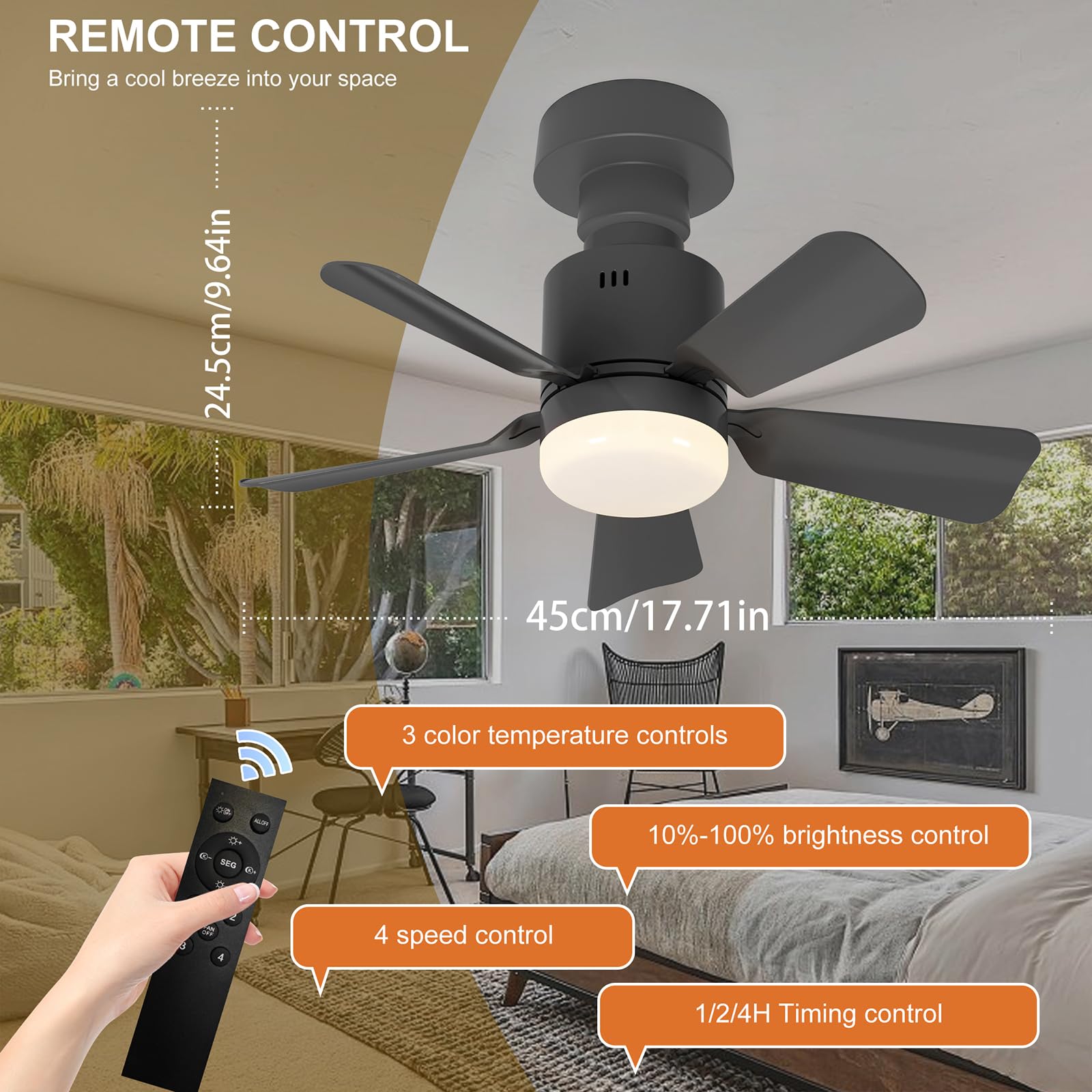 GEADI Ventilateur de Plafond avec Lumière LED Dimmable, Plafonnier à Visser pour Chambre avec Télécommande, 4 Vitesses et 3 Températures de Couleur Réglables, Douille E27, 45 cm Noir