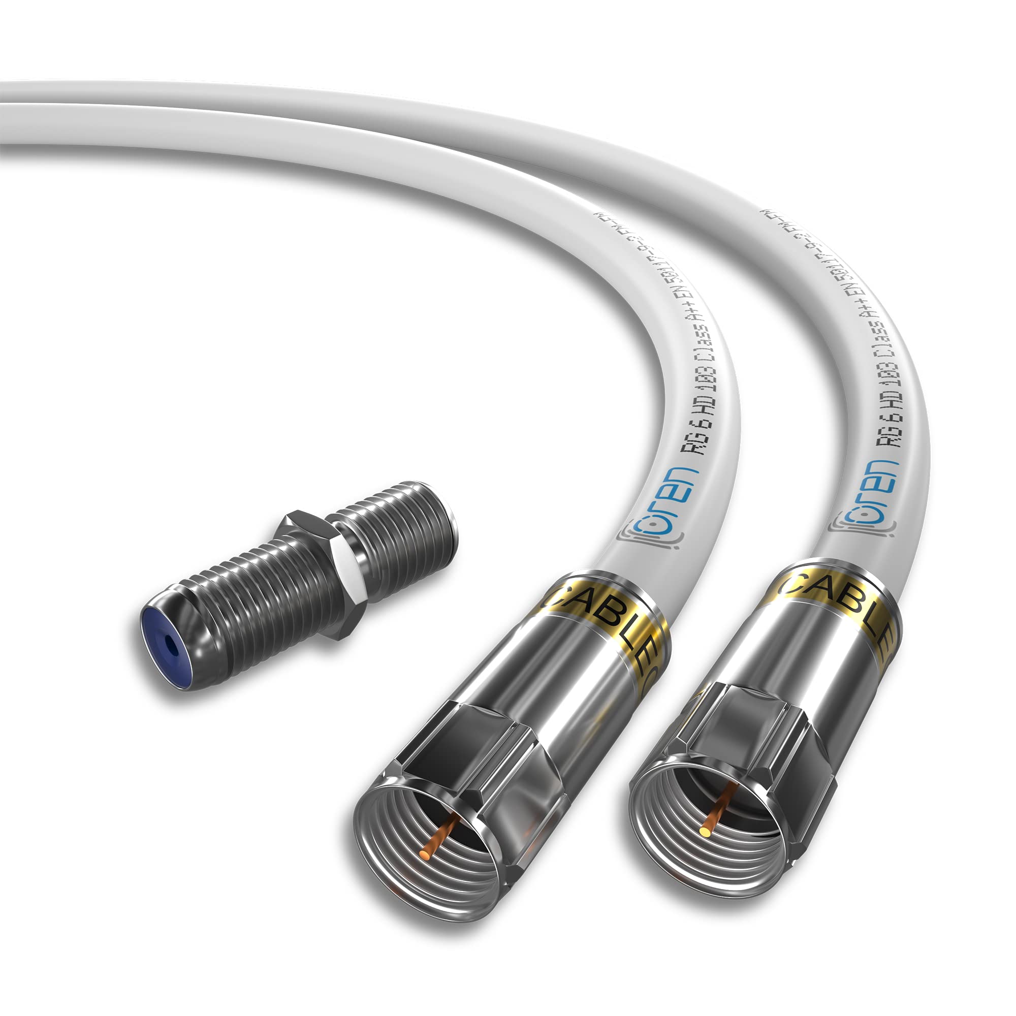 Oren Coaxial Cable 2m RG6 HD103 A++ Trishield – White - with Cabelcon Connectors and Adapter – Weatherproof – for Satellite and Digital TV, Aerial, Broadband, and High Speed Internet Connections