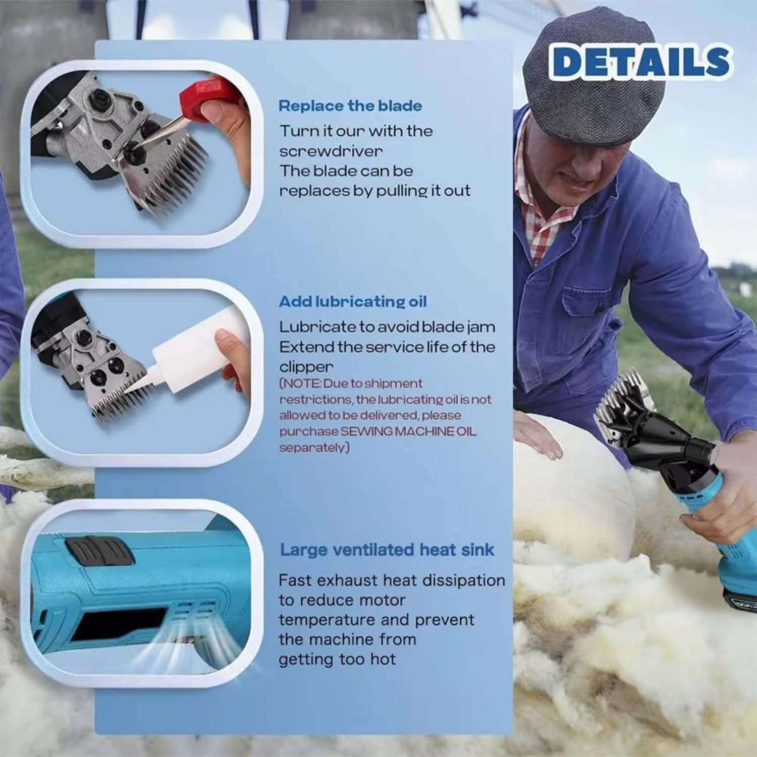Tondeuse électrique sans Fil pour Moutons, 300 W, 2 Batteries, 6 Vitesses Réglables, Lame en Acier Inoxydable 9/13 Dents, pour Animaux à Poil épais Et Bovins 9-Tooth