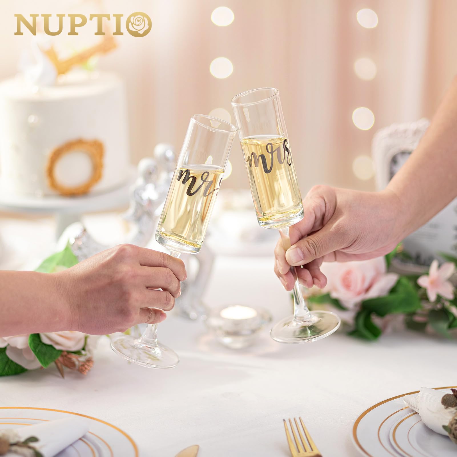 Nuptio Bicchieri Champagne Mr Mrs: Set di 2 Regalo Matrimonio Argento Anniversario Idee Nozze Natale Lei Gift Sposi Coppie Fidanzata Valentino Sposata Futuri Coppia Flute Personalizzato Romantici