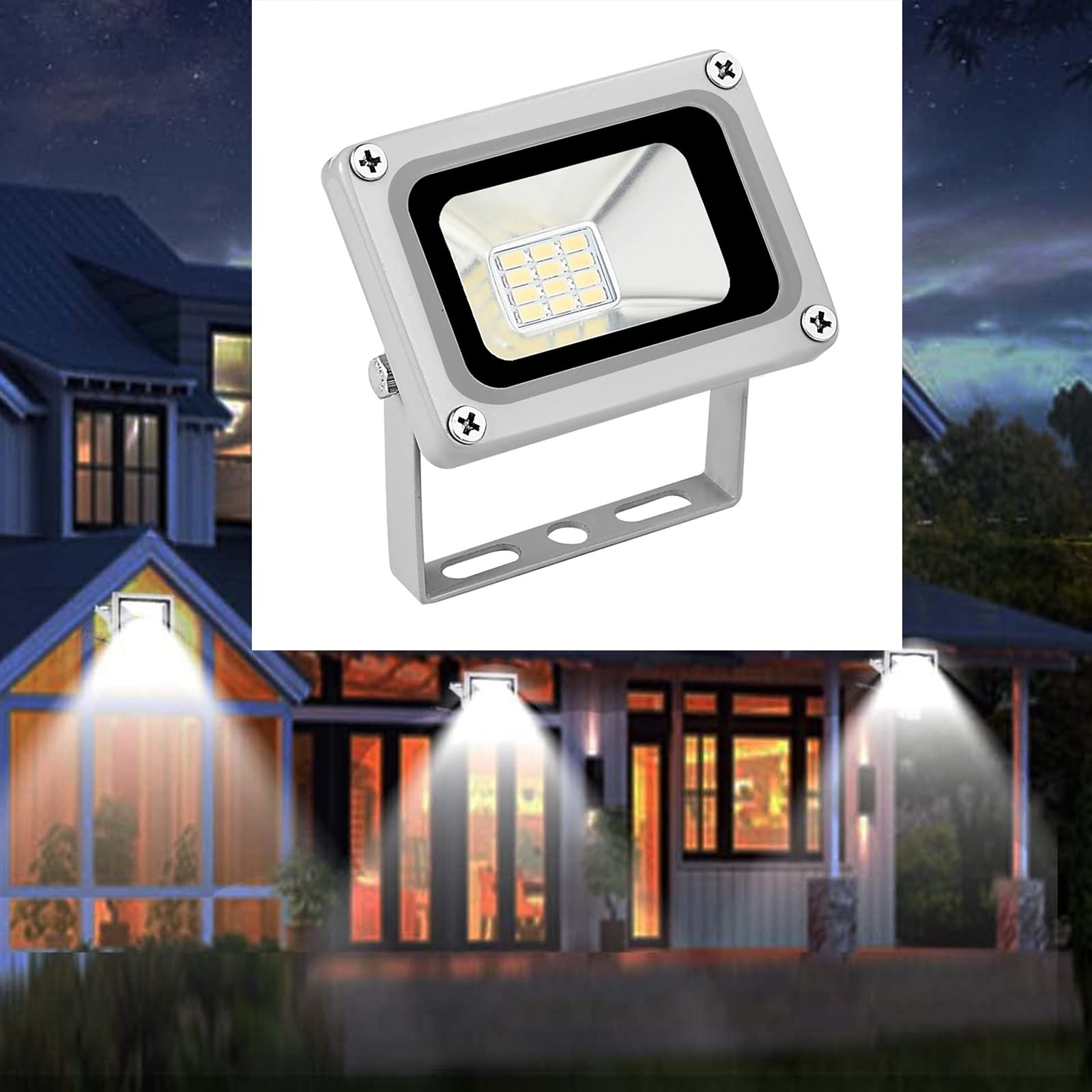 Foco LED de Seguridad for Exteriores, 10 W, 800 LM, 6500 K, luz Blanca Diurna, IP65, Impermeable, for Patio, Parque, Estanque, 12 V-24 V CC.(6 Packs)