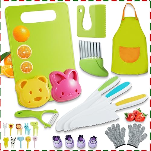 Juego de 26 cuchillos para niños para cocina real, herramientas de cocina Montessori con tabla de cortar para niños, juegos de cocina para niños de