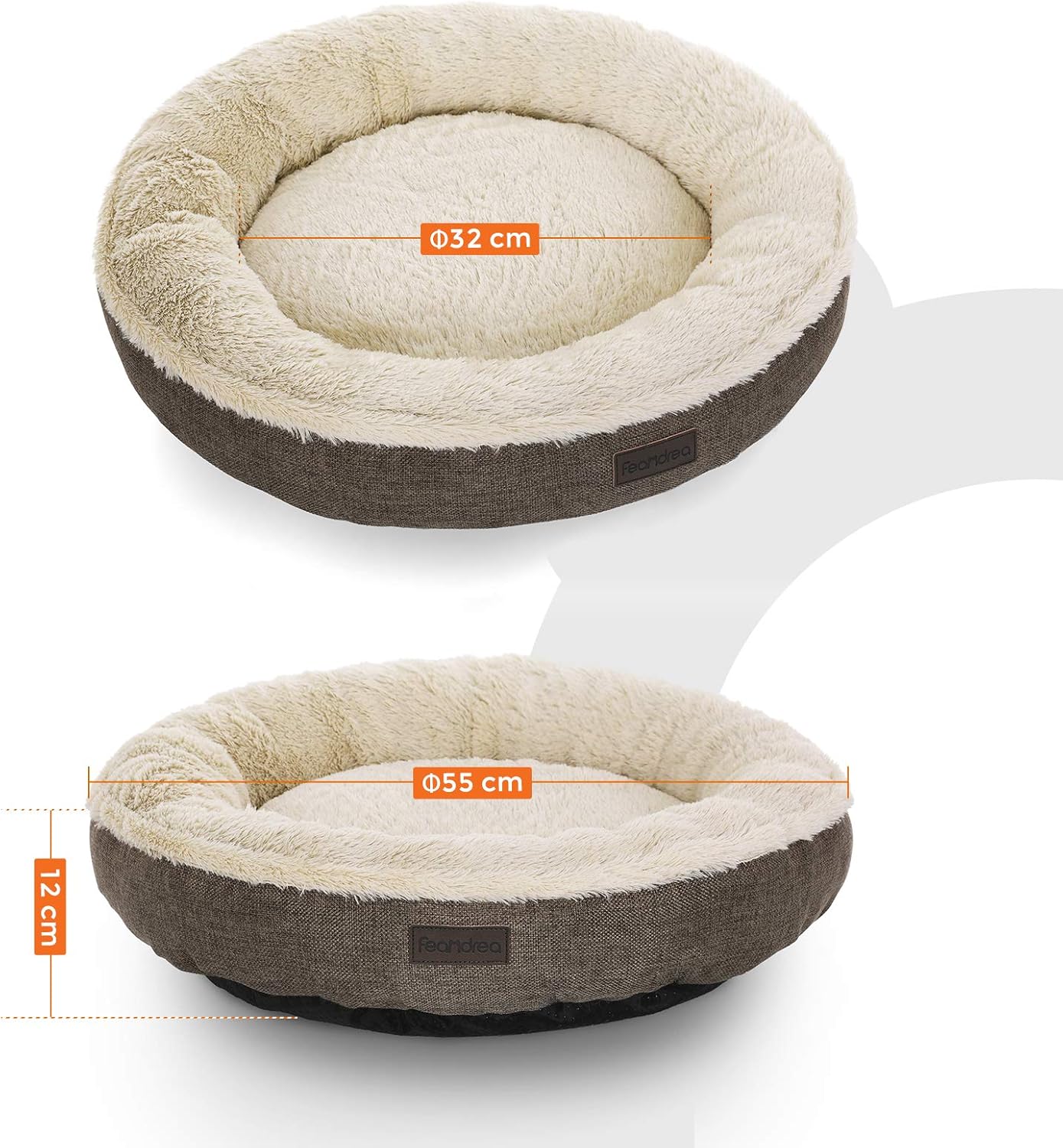 FEANDREA Dog Bed, Dog Sofa, Cat Bed, Donut Shape, Round, 55 cm Dia, Brown PGW55C