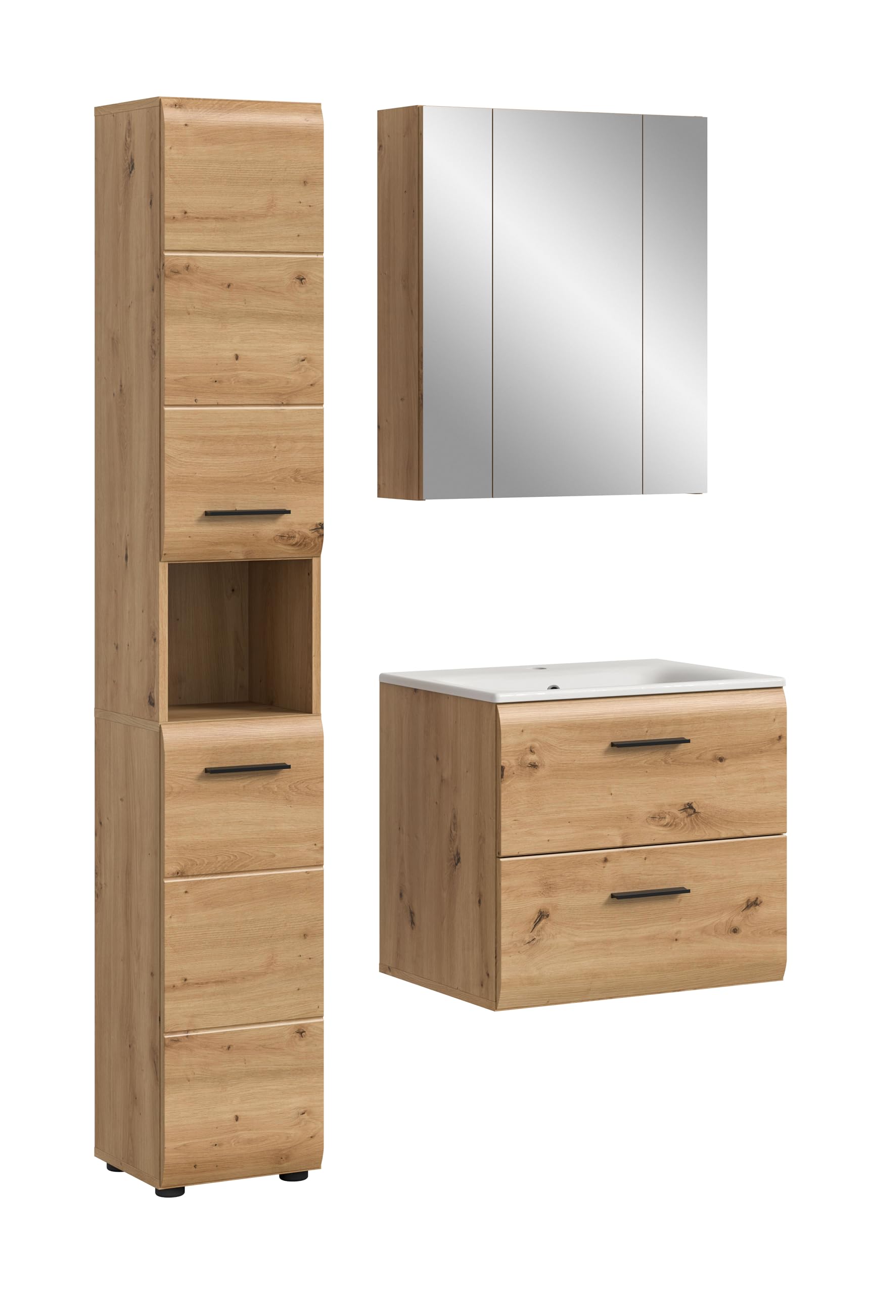 xonox.home – 3 TLG. Badmöbel-Set Ice 105x185x46 cm in Korpus und Front Artisan Oak Nachbildung – Zeitgemäße Kombination für Dein Bad – funktional
