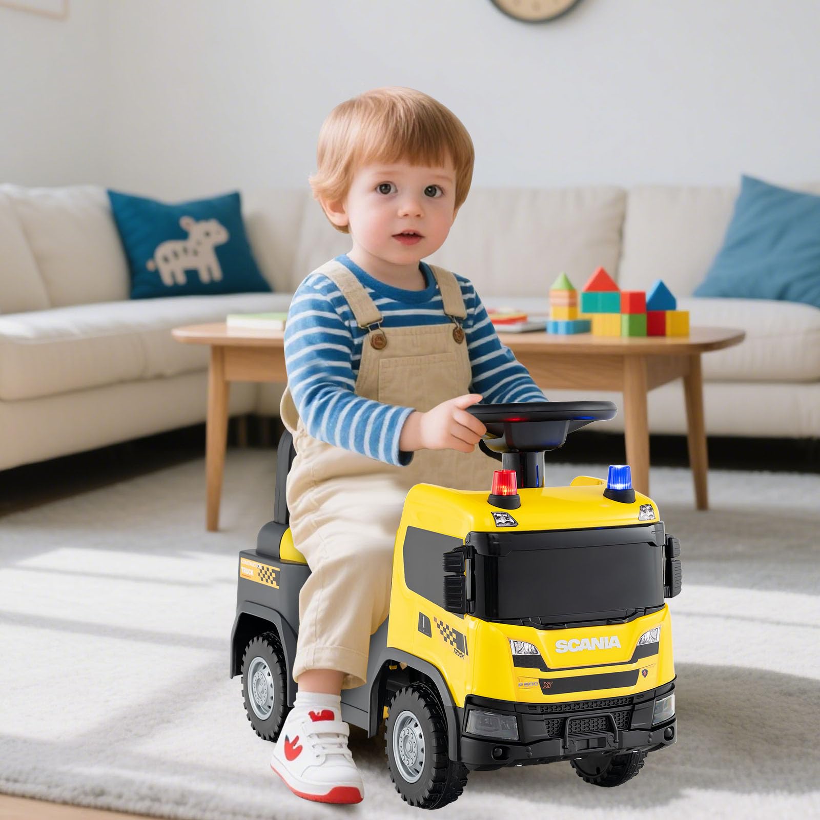 GOPLUS Camión de Construcción de Juguete Licenciado Scania, Coche Correpasillos para Niños con Luces, Sonidos y Almacenamiento Bajo Asiento, Coche Deslizante de Pies al Suelo, 18+ Meses (Amarillo)