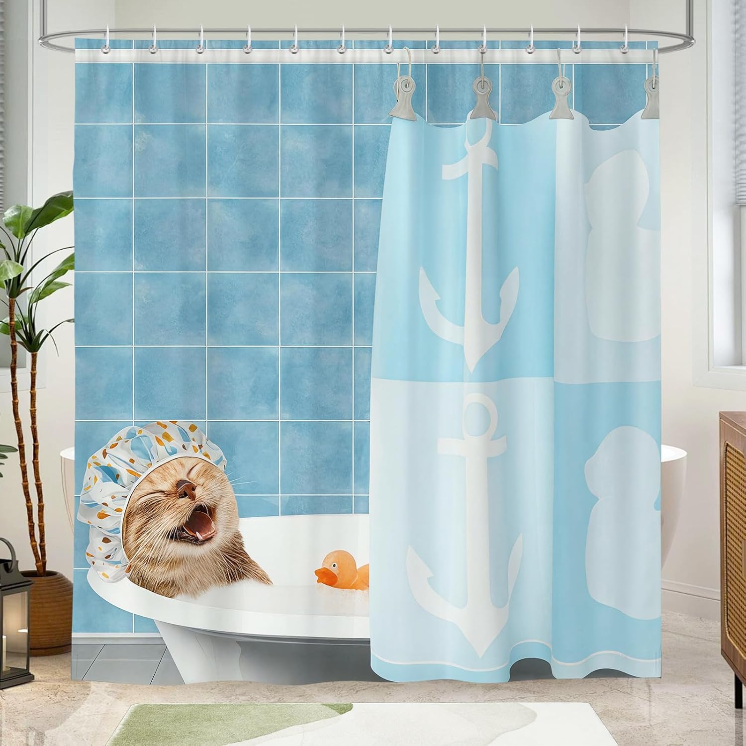 Funny Cat Shower Curtains,Blue Bathing Cat Kids Cute Cartoon Blue Yellow Rubber Duck Waterproof Polyester Fabric Bath Curtain with 12 Hooks,78 x 72 inch