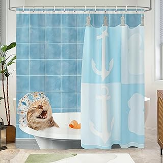 Funny Cat Shower Curtains,Blue Bathing Cat Kids Cute Cartoon Blue Yellow Rubber Duck Waterproof Polyester Fabric Bath Curtain with 12 Hooks,78 x 72 inch