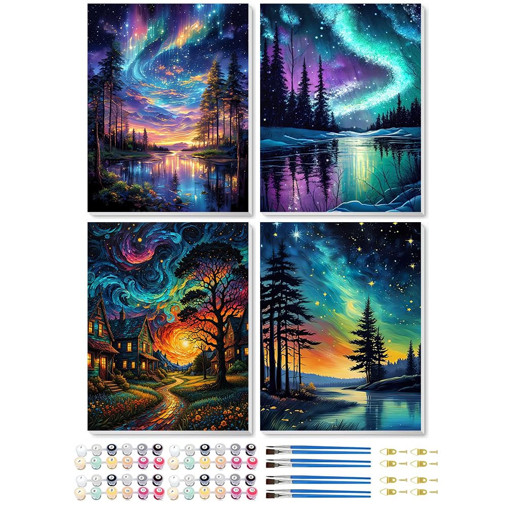 Jakener 22Paint By Number-4 4 Pack Paint By Numbers For Adults,Aurora Painting By Numbers For Adults Canvas Kits,Starry Sky Adult Paint By Numbers Kits With Frame,Diy Acrylic Oil Painting For Home Wall Decor 9.5X12 Inch