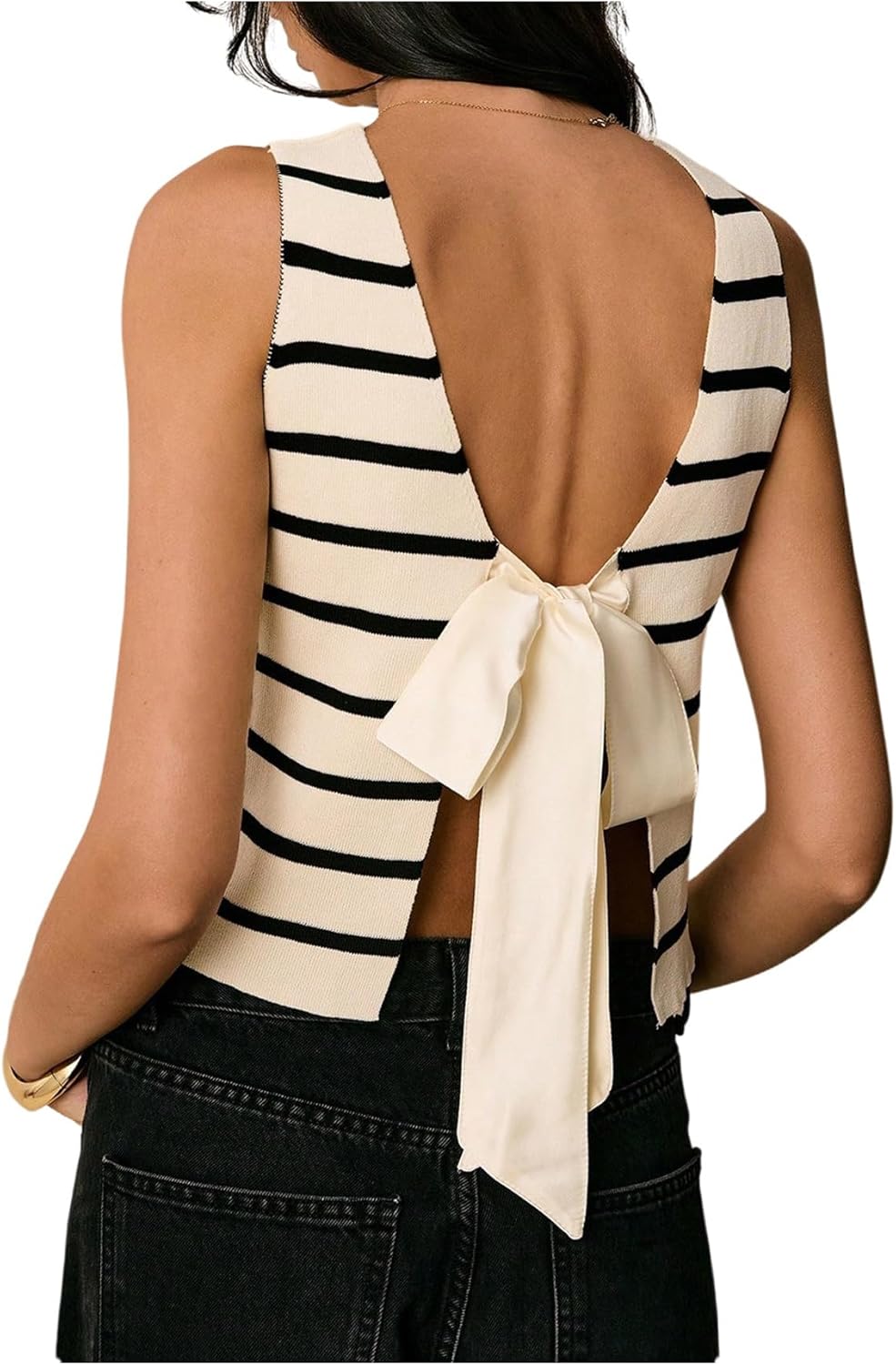 Floerns Women's Striped Bowknot Backless Pullover Sleeveless Knitted Cute Sweater Vest
