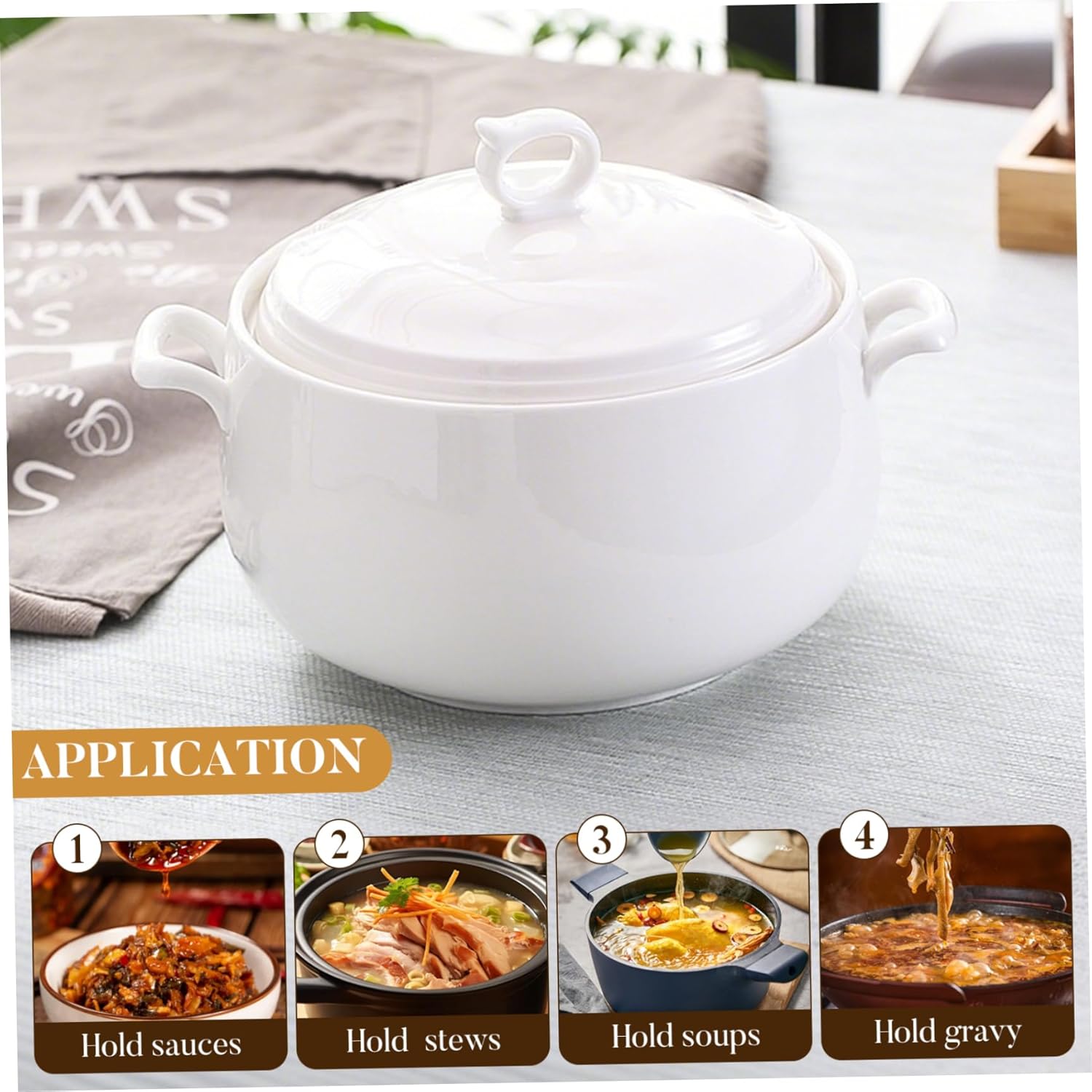 Soup Tureen 3000ml Round Ceramic Serving Bowls with Lids Heat-Resistant Soup Bowls with Handles Microwave Safe for Restaurant Home Kitchen Tureen, Ceramic Bowl with Lid, with Handl